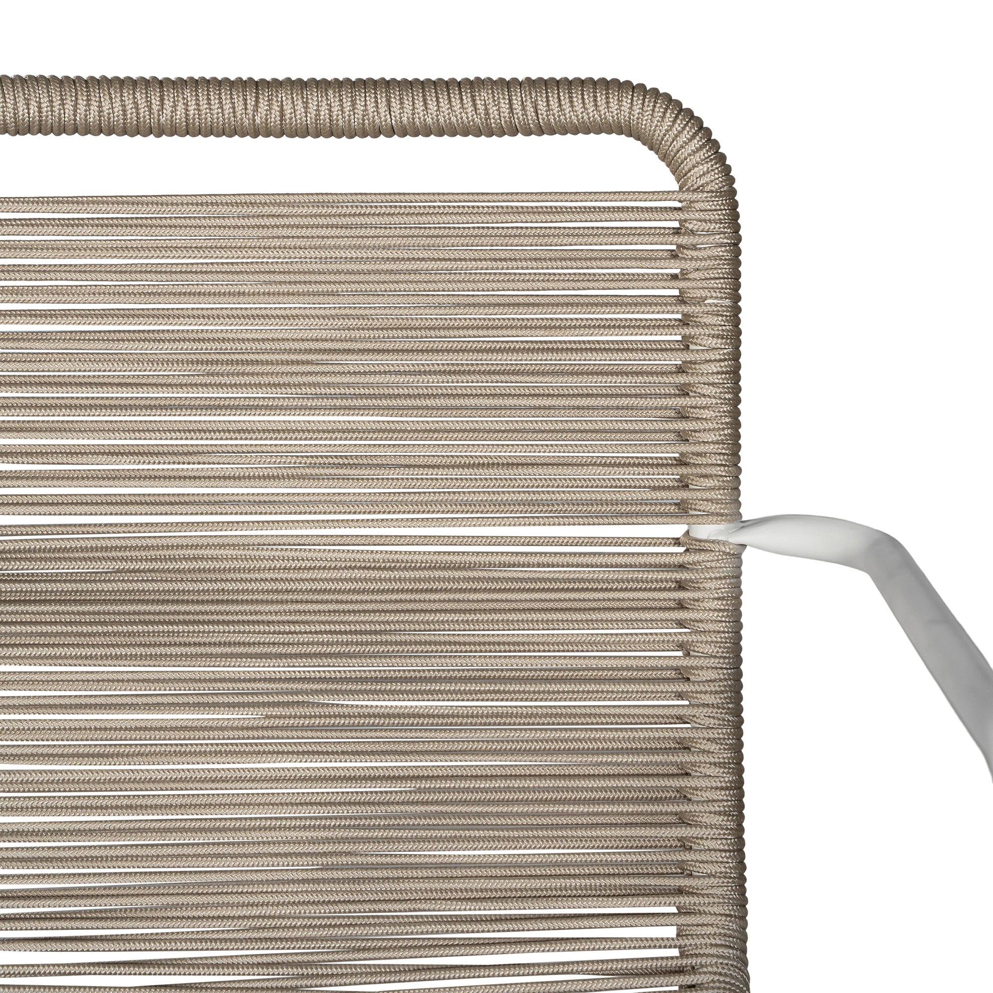 Natural and white outdoor dining chair featuring a sleek powder-coated metal frame and handwoven rope design, perfect for contemporary alfresco spaces