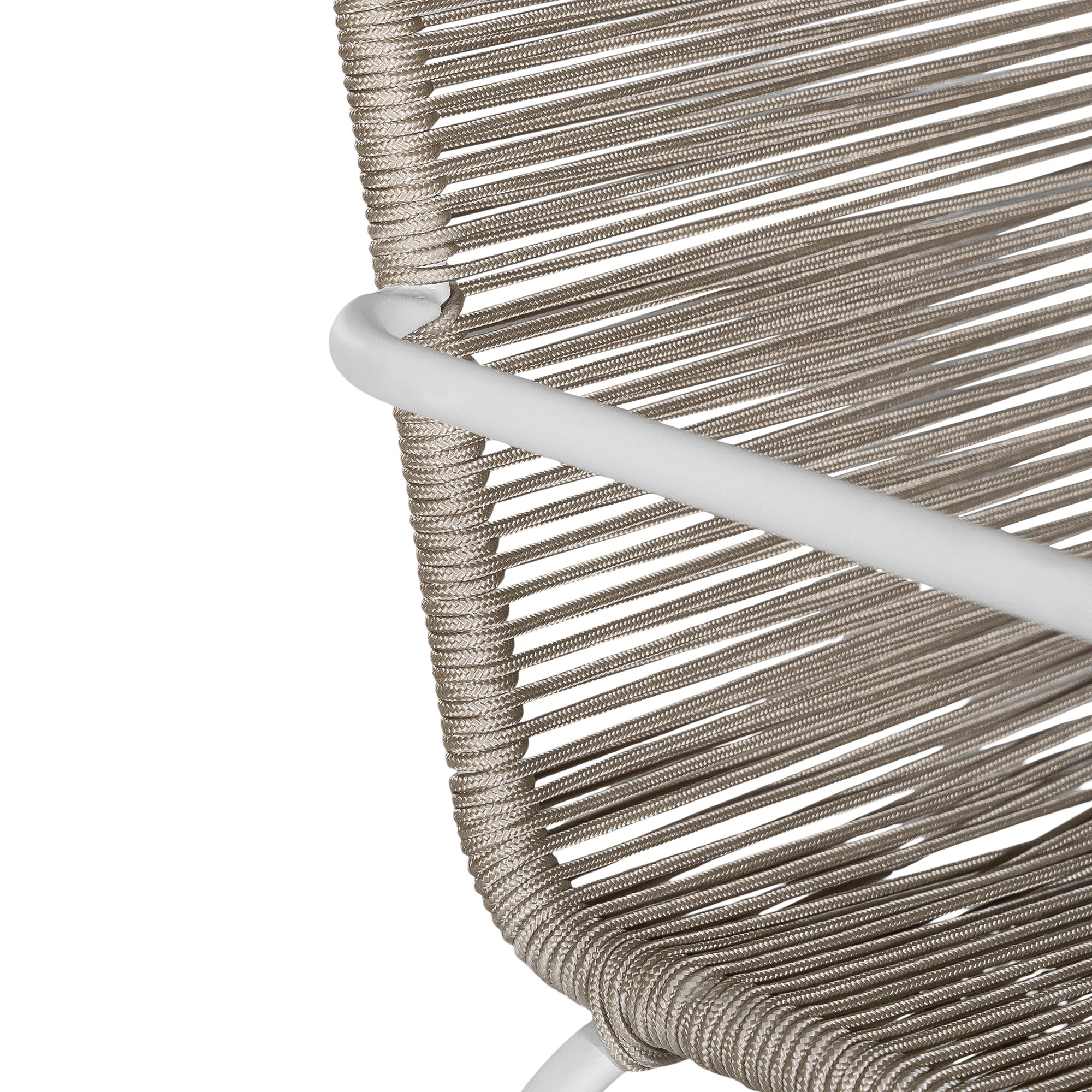 Natural and white outdoor dining chair featuring a sleek powder-coated metal frame and handwoven rope design, perfect for contemporary alfresco spaces