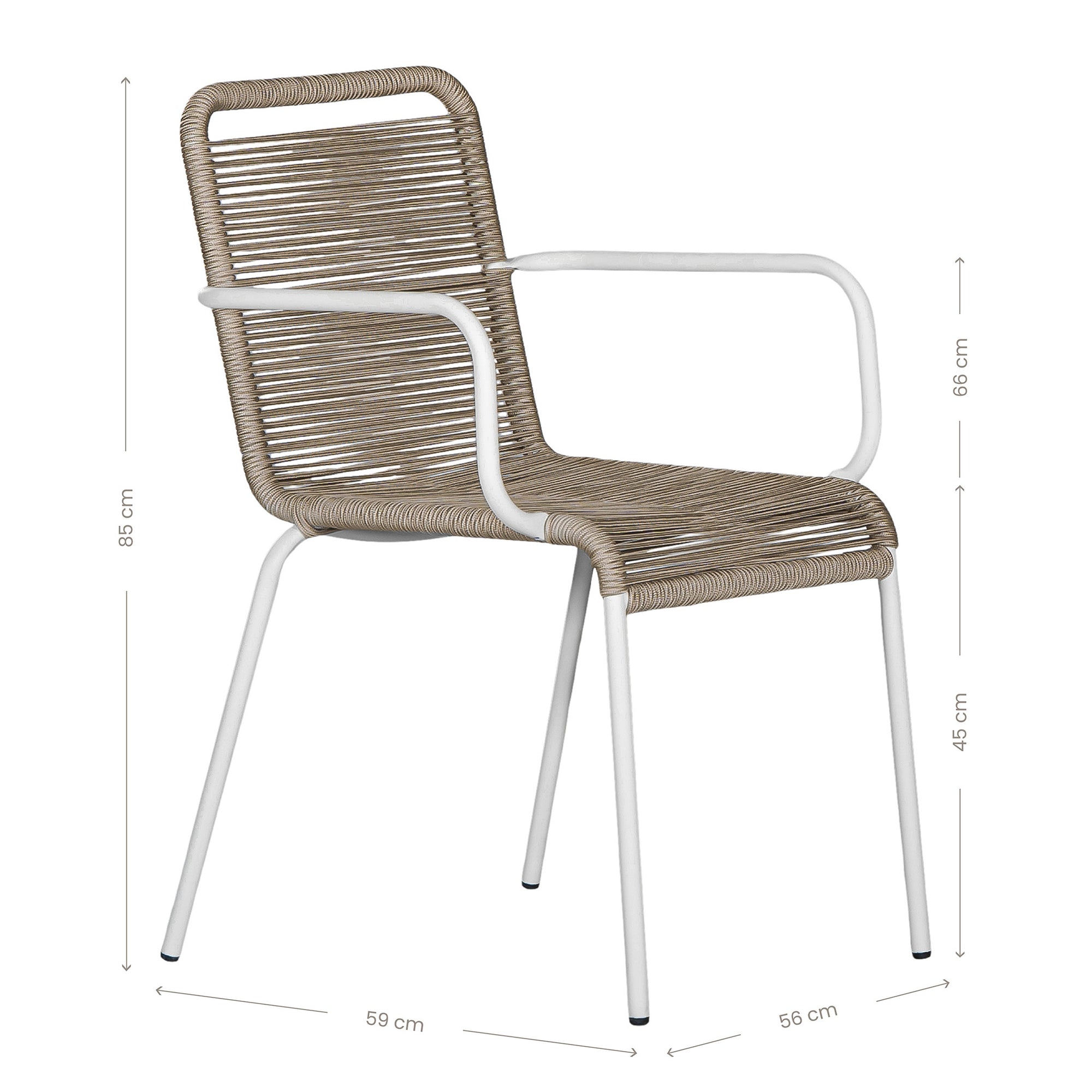 Natural and white outdoor dining chair featuring a sleek powder-coated metal frame and handwoven rope design, perfect for contemporary alfresco spaces