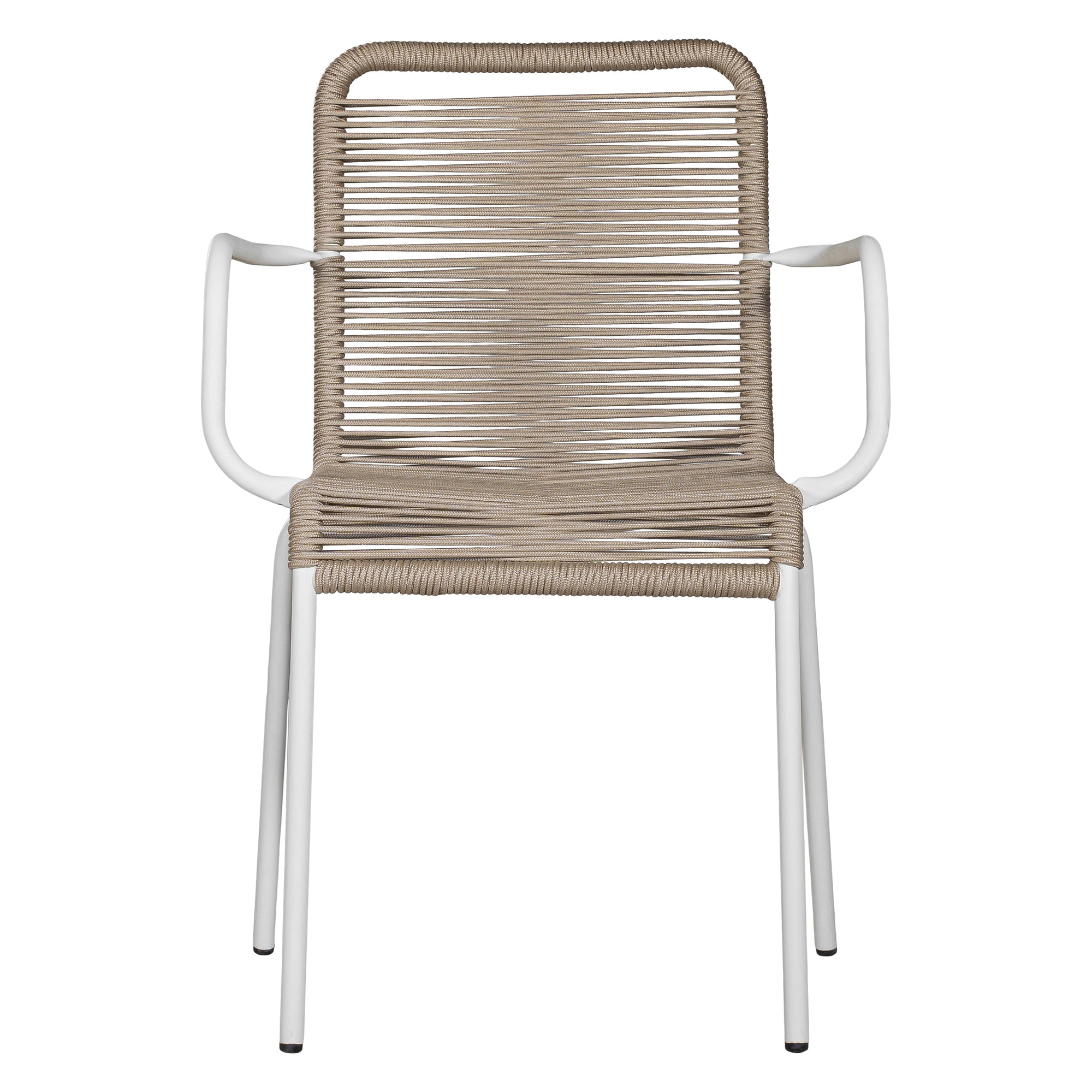 Natural and white outdoor dining chair featuring a sleek powder-coated metal frame and handwoven rope design, perfect for contemporary alfresco spaces