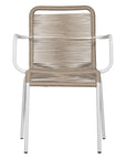 Natural and white outdoor dining chair featuring a sleek powder-coated metal frame and handwoven rope design, perfect for contemporary alfresco spaces