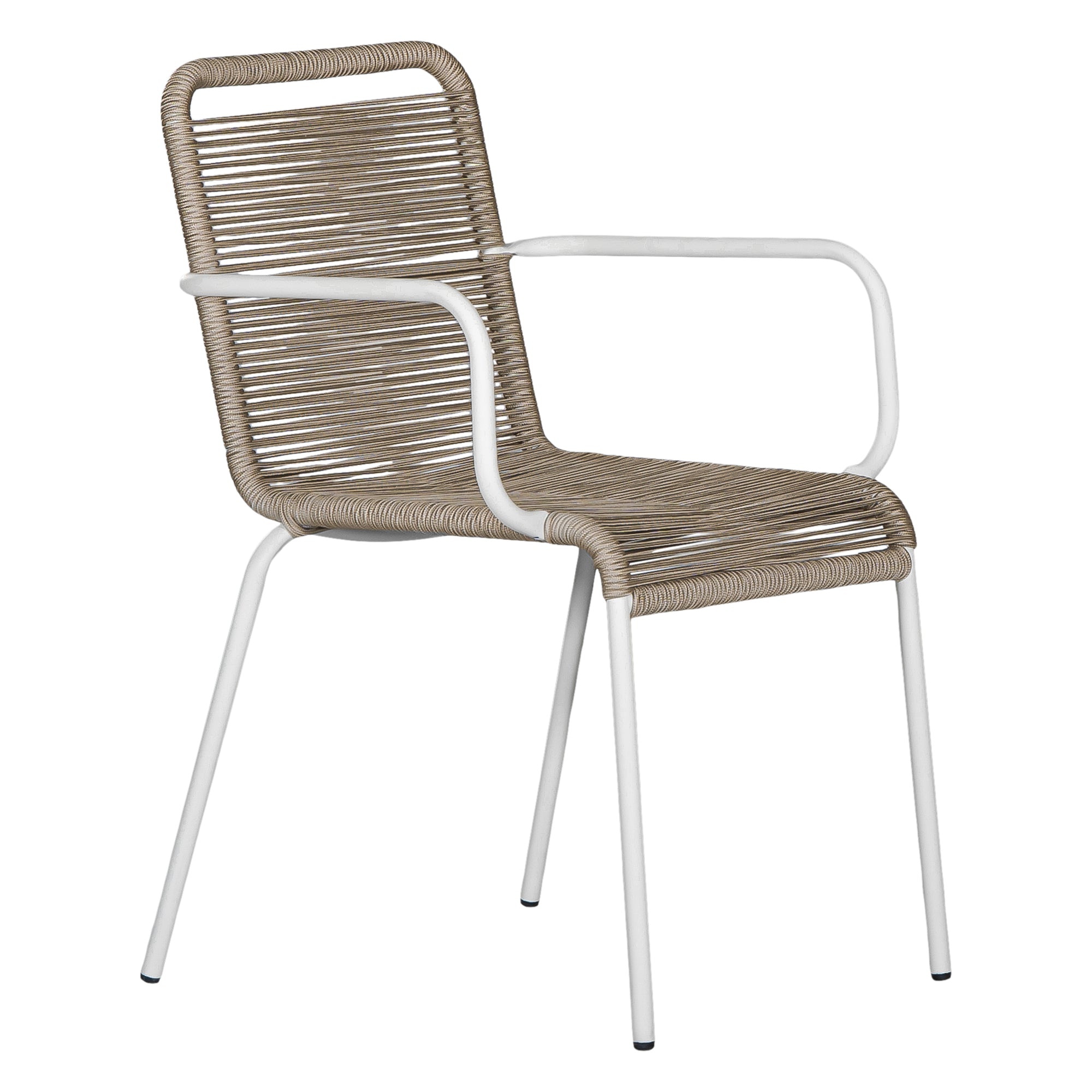 Natural and white outdoor dining chair featuring a sleek powder-coated metal frame and handwoven rope design, perfect for contemporary alfresco spaces