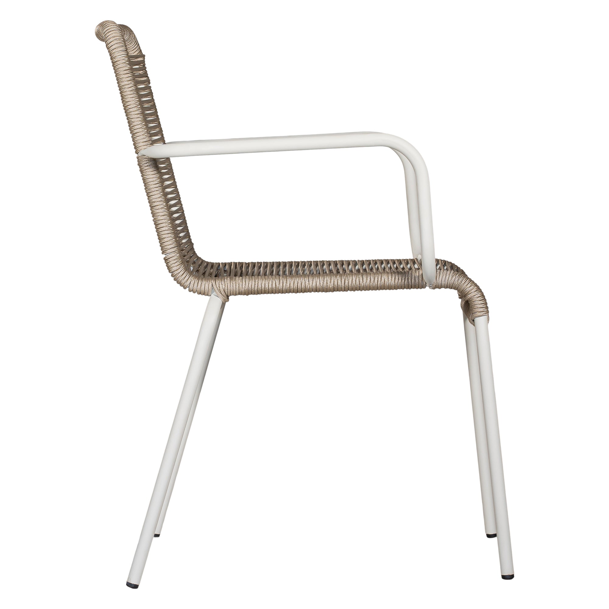 Natural and white outdoor dining chair featuring a sleek powder-coated metal frame and handwoven rope design, perfect for contemporary alfresco spaces