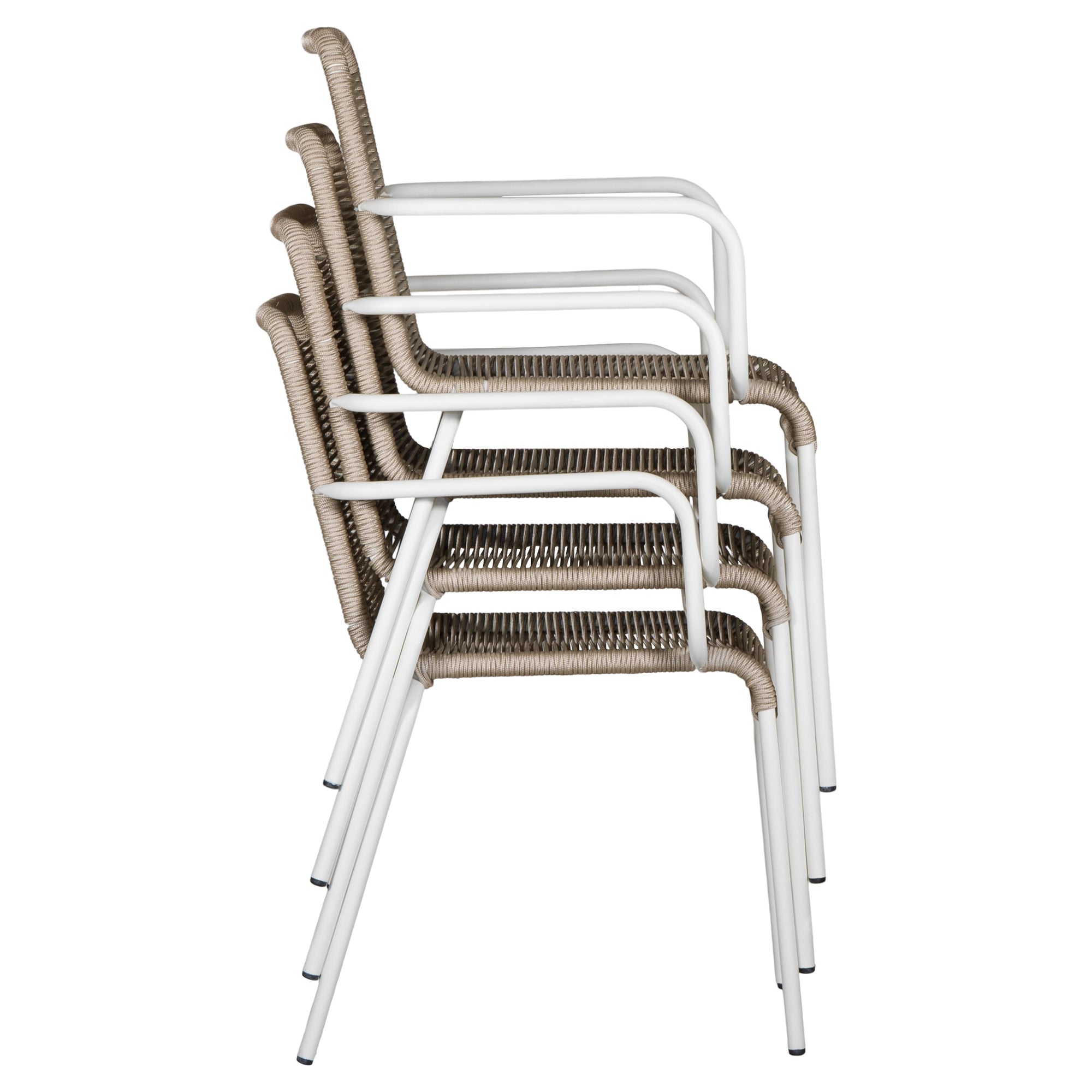 Natural and white outdoor dining chair featuring a sleek powder-coated metal frame and handwoven rope design, perfect for contemporary alfresco spaces