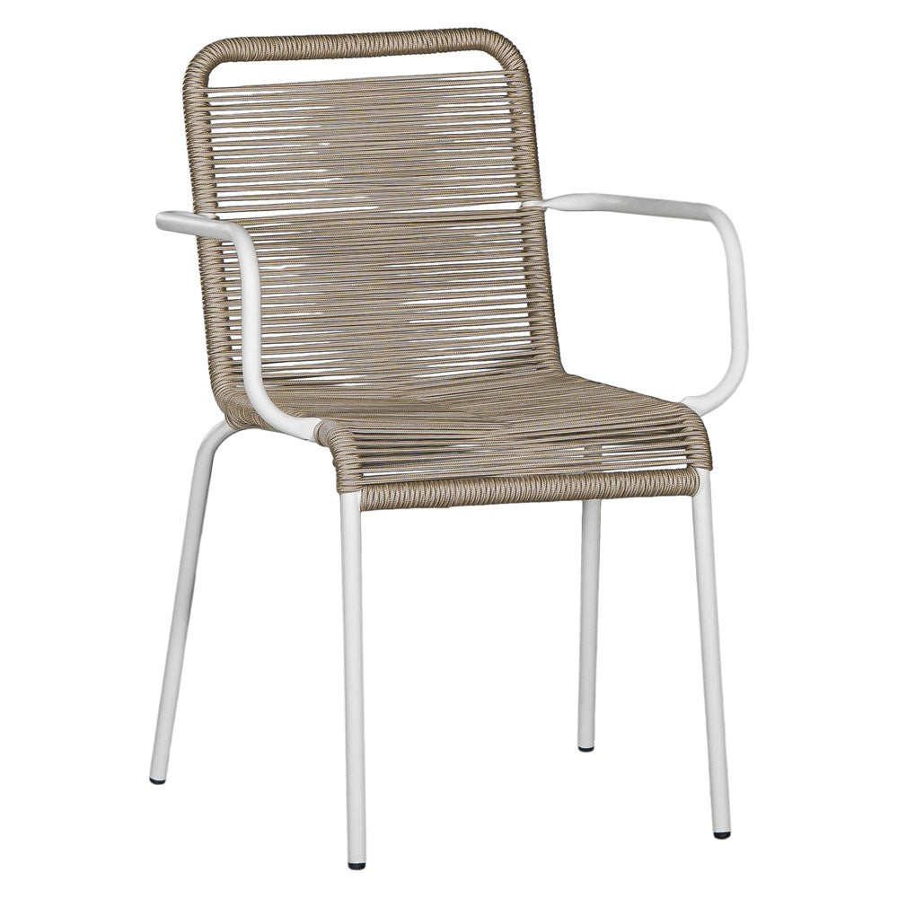 Natural and white outdoor dining chair featuring a sleek powder-coated metal frame and handwoven rope design, perfect for contemporary alfresco spaces