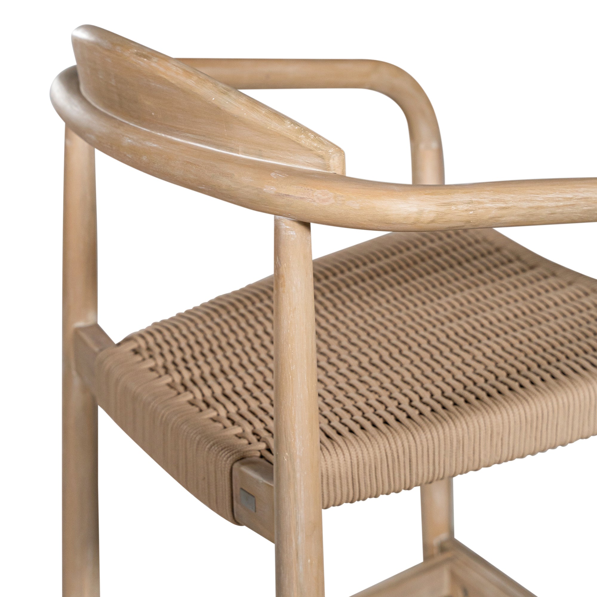 Bar stool crafted from natural wood with a curved backrest and handwoven rope seat, blending organic textures with a modern silhouette