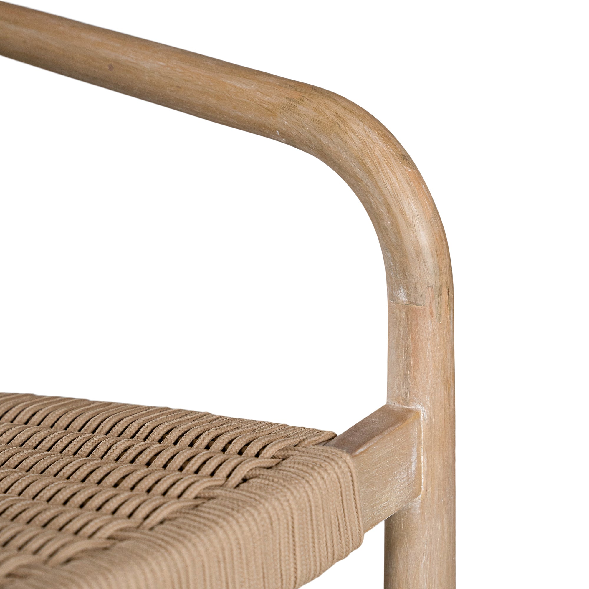 Bar stool crafted from natural wood with a curved backrest and handwoven rope seat, blending organic textures with a modern silhouette