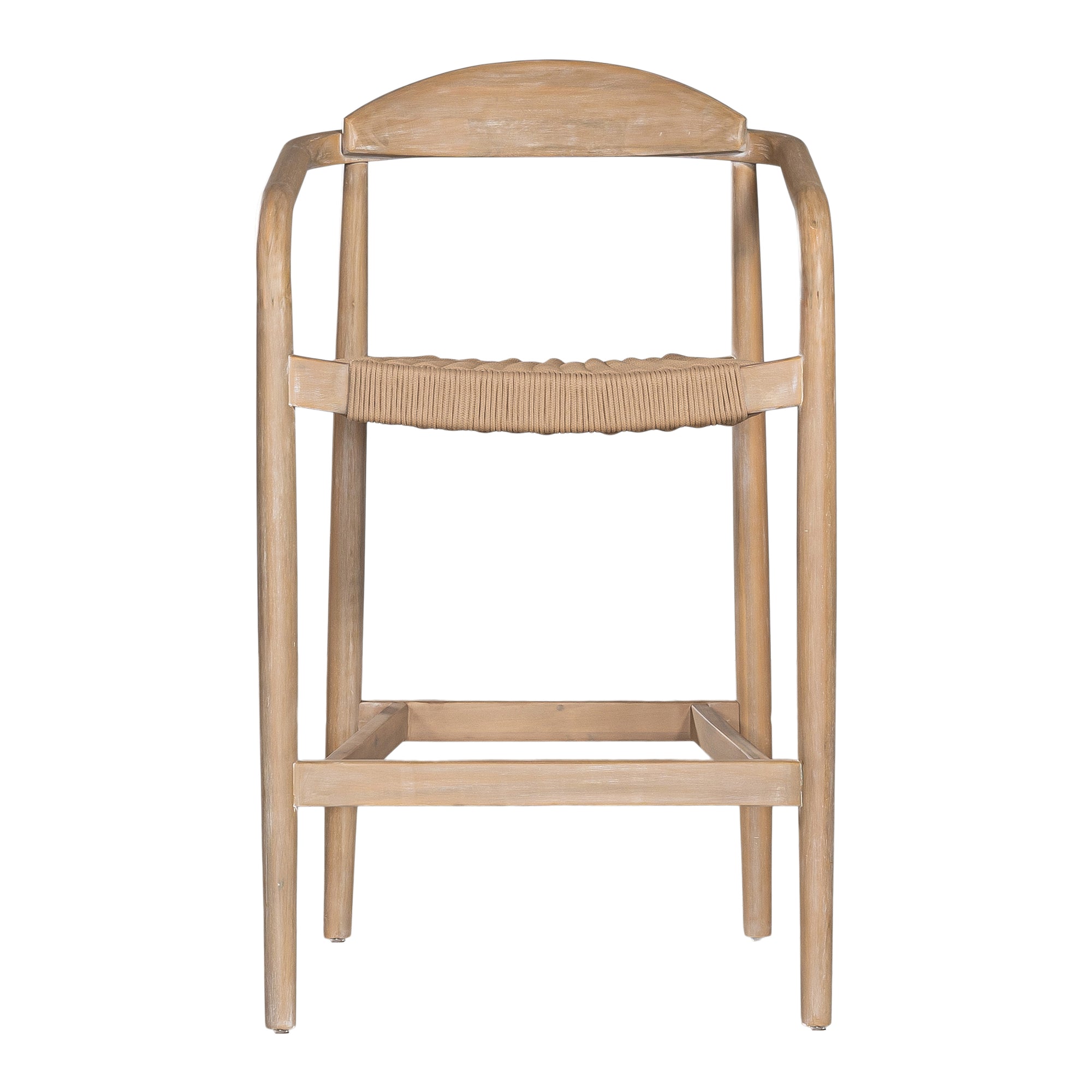 Bar stool crafted from natural wood with a curved backrest and handwoven rope seat, blending organic textures with a modern silhouette