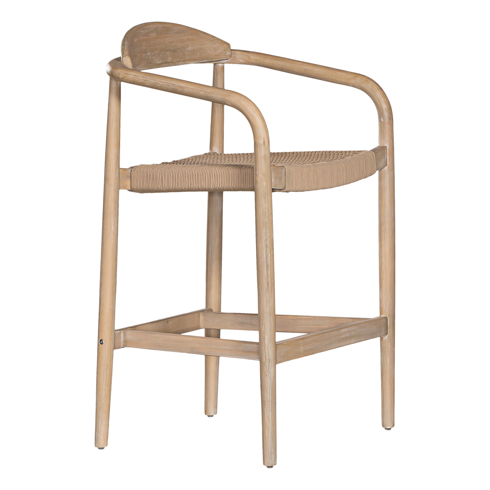 Bar stool crafted from natural wood with a curved backrest and handwoven rope seat, blending organic textures with a modern silhouette