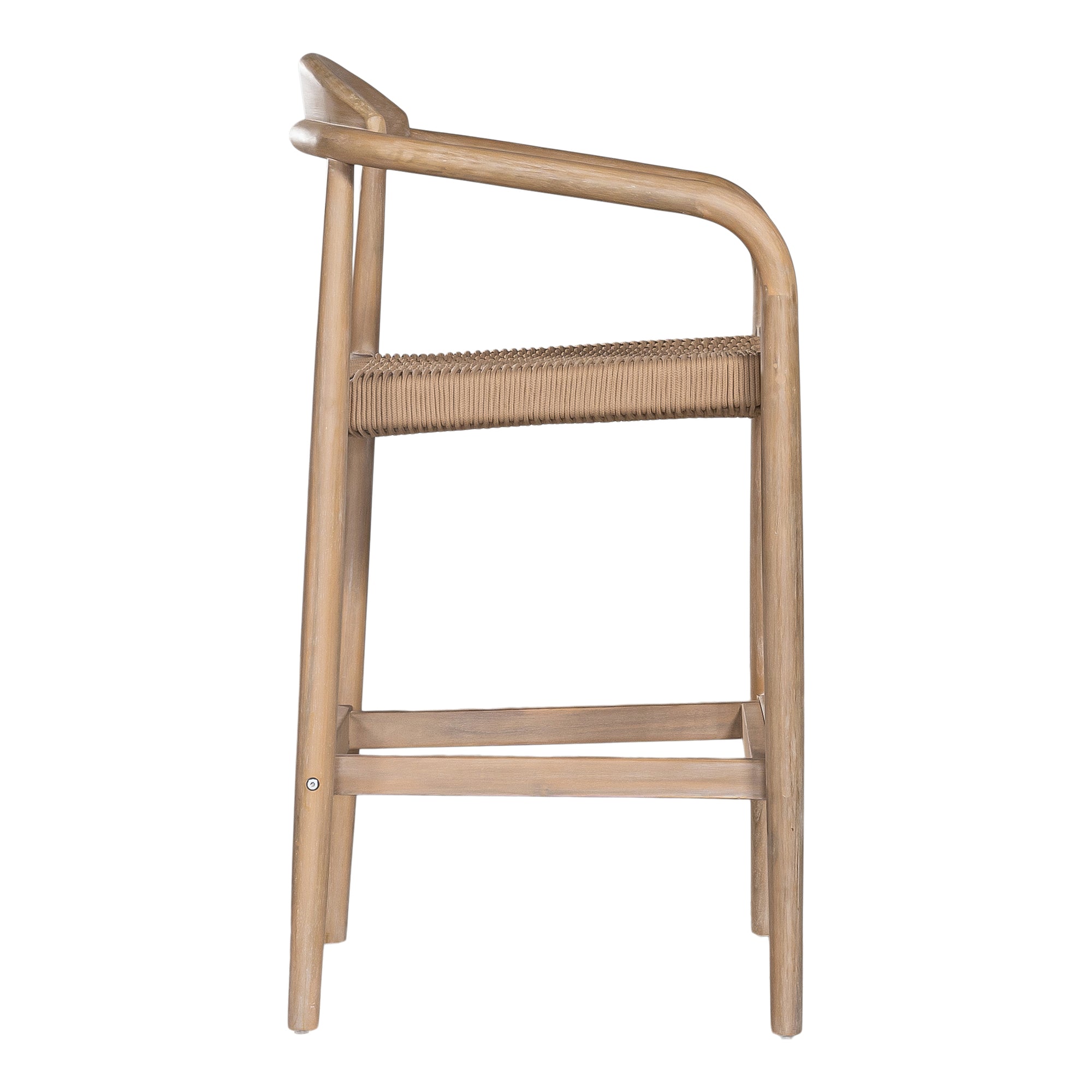 Bar stool crafted from natural wood with a curved backrest and handwoven rope seat, blending organic textures with a modern silhouette