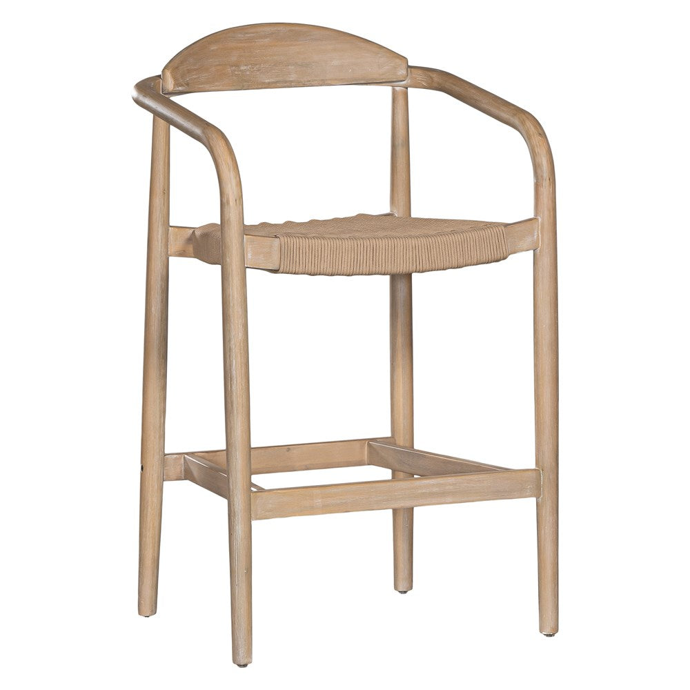 Bar stool crafted from natural wood with a curved backrest and handwoven rope seat, blending organic textures with a modern silhouette