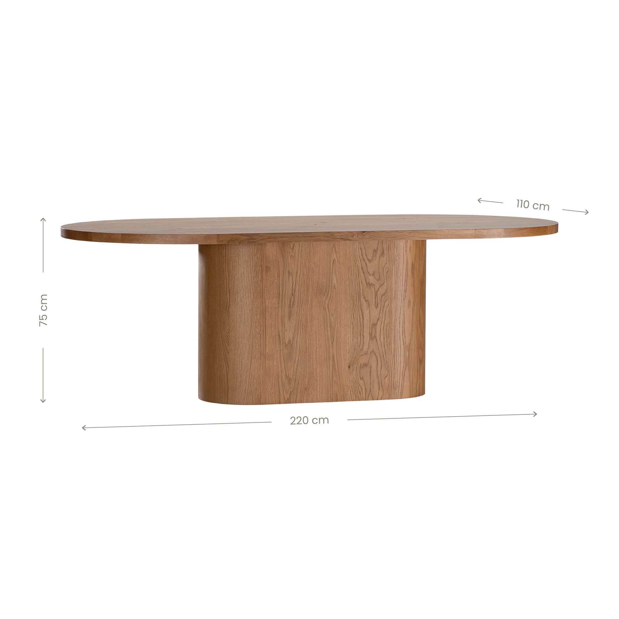 Contemporary oak dining table featuring a sleek rounded design with a solid cylindrical base, perfect for modern interiors