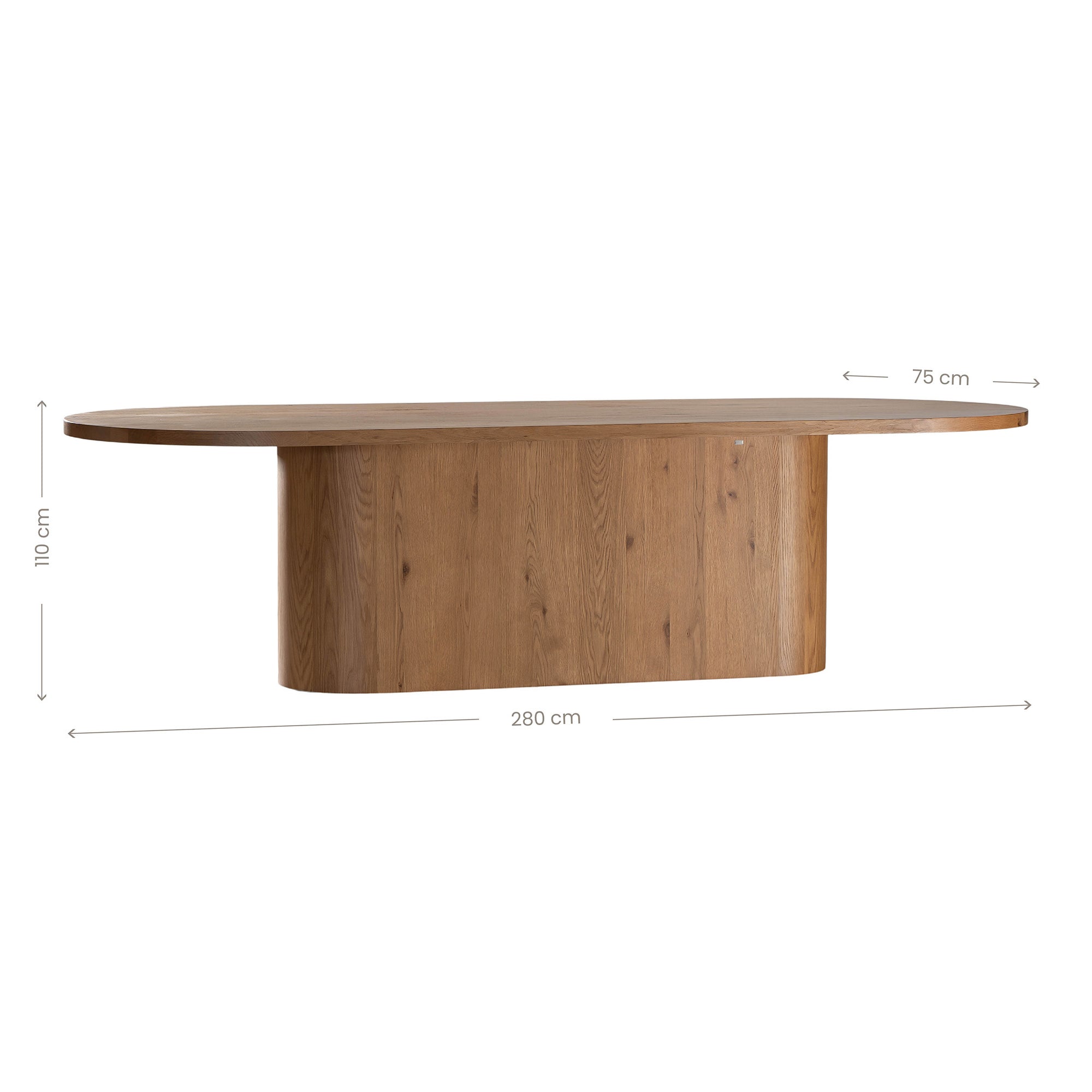 Contemporary oak dining table featuring a sleek rounded design with a solid cylindrical base, perfect for modern interiors