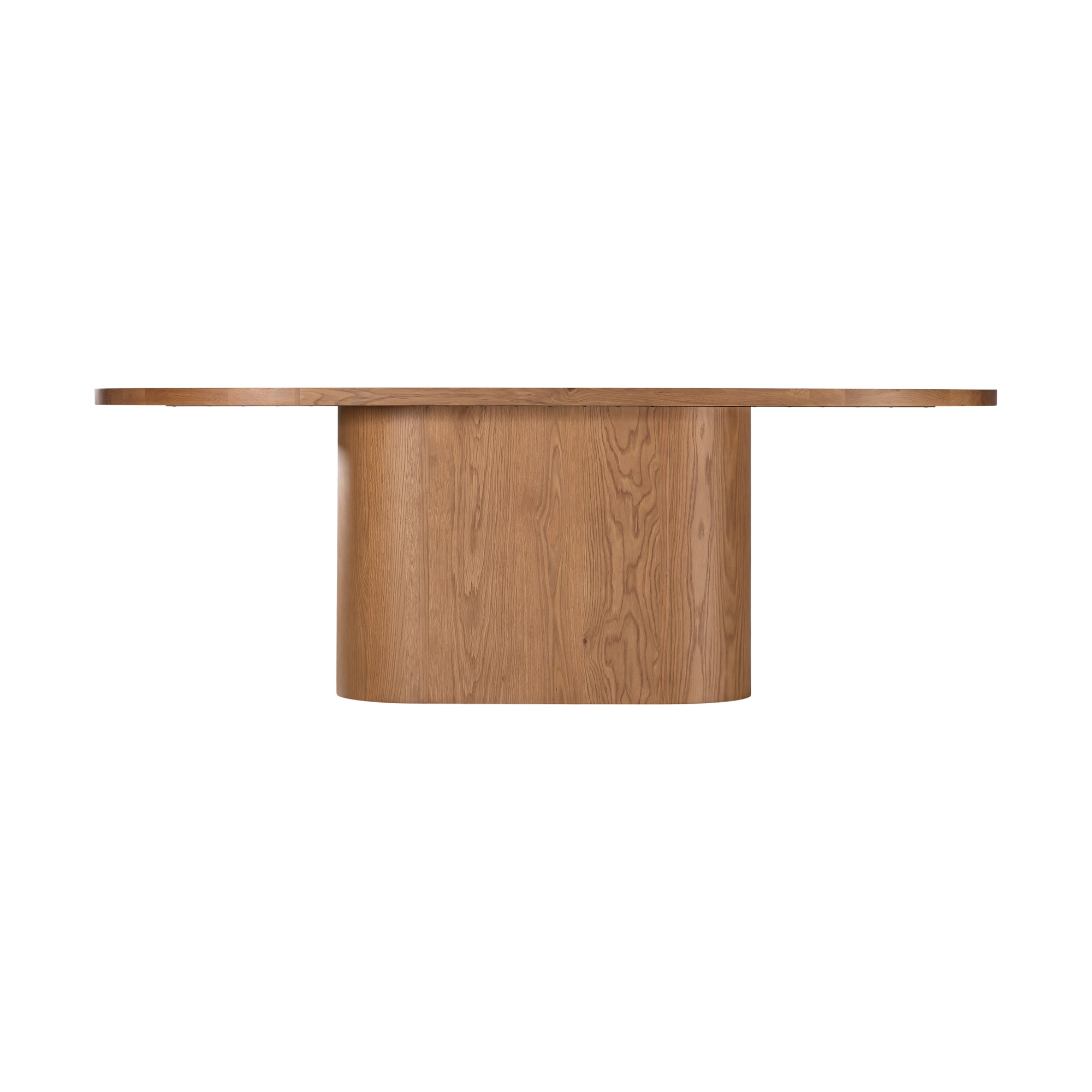 Contemporary oak dining table featuring a sleek rounded design with a solid cylindrical base, perfect for modern interiors