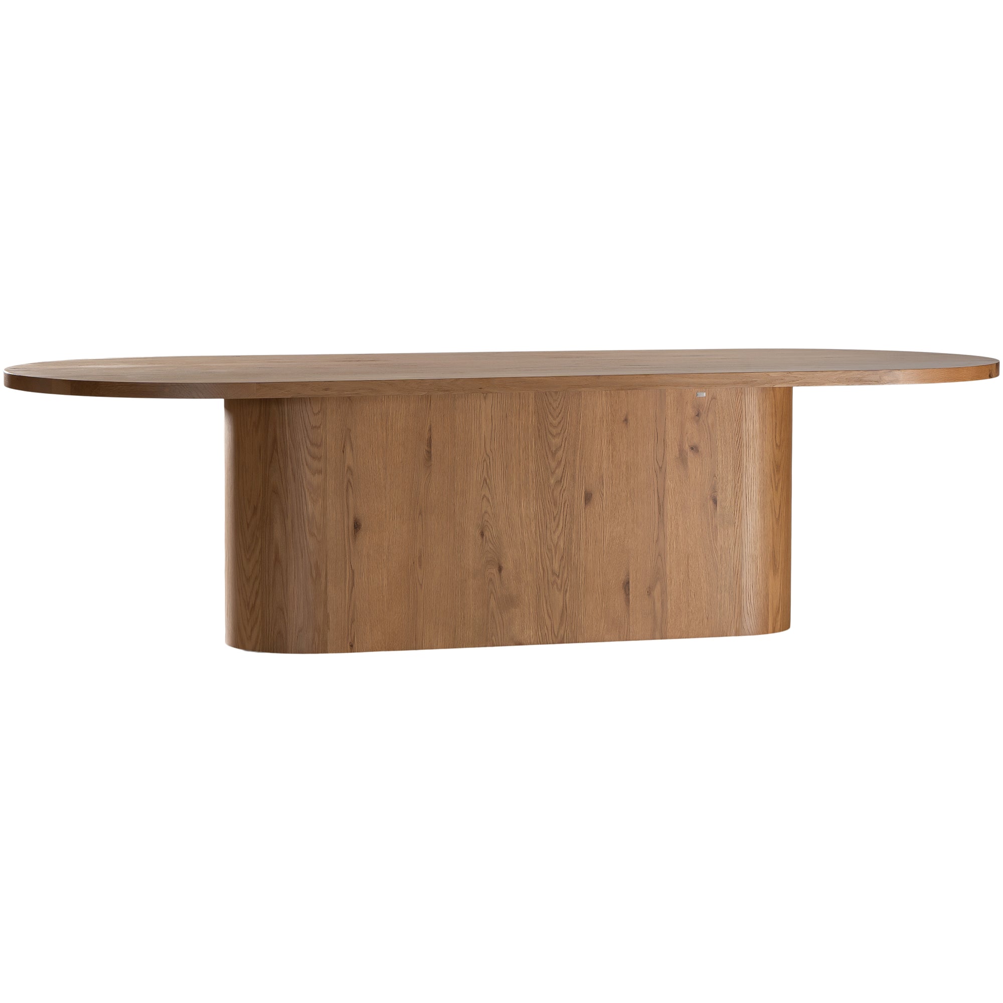 Contemporary oak dining table featuring a sleek rounded design with a solid cylindrical base, perfect for modern interiors