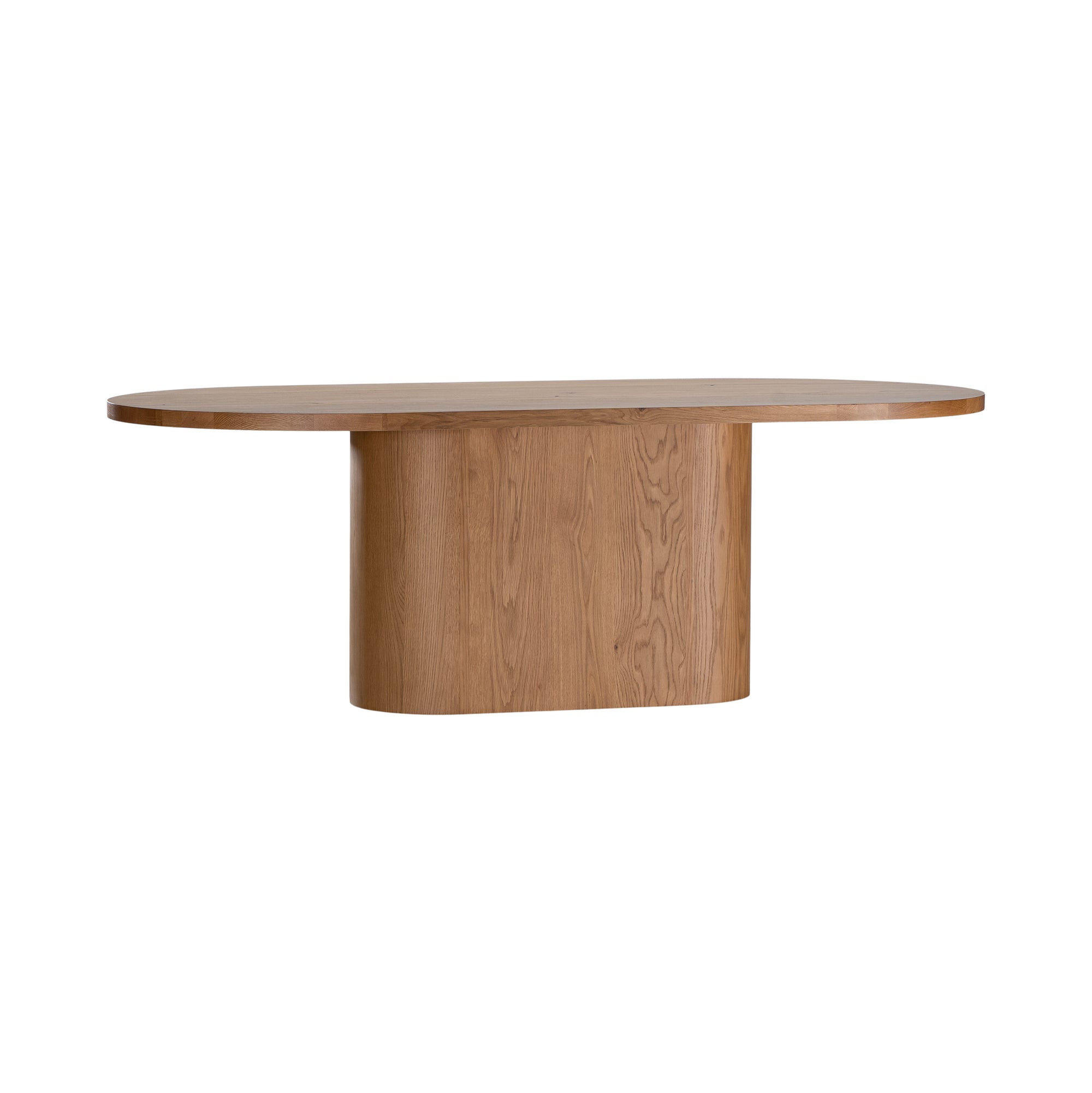 Contemporary oak dining table featuring a sleek rounded design with a solid cylindrical base, perfect for modern interiors