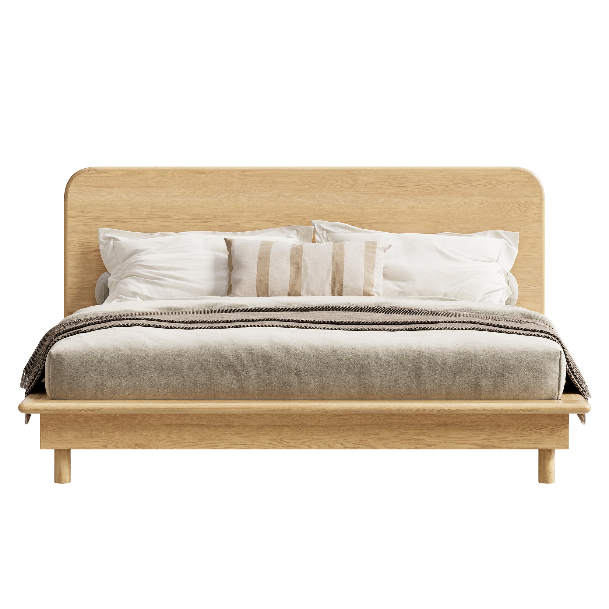 A beautifully crafted oak timber platform bed frame from KULALA Living, featuring a minimalist modern design with a gently curved headboard. Styled with neutral bedding for a serene and inviting bedroom aesthetic