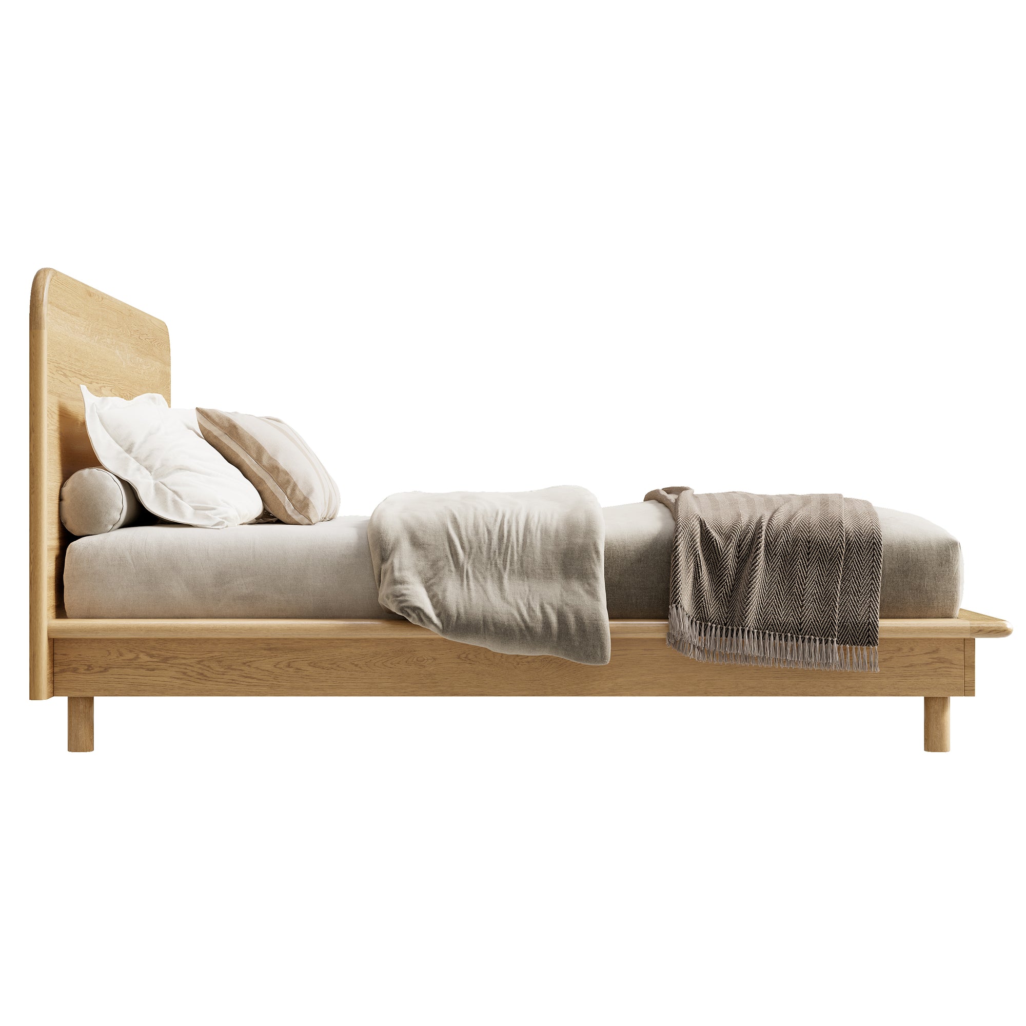 A beautifully crafted oak timber platform bed frame from KULALA Living, featuring a minimalist modern design with a gently curved headboard. Styled with neutral bedding for a serene and inviting bedroom aesthetic