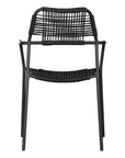 Modern outdoor dining chair featuring a black metal frame with a handwoven black rope seat and backrest, designed for sleek and contemporary alfresco dining