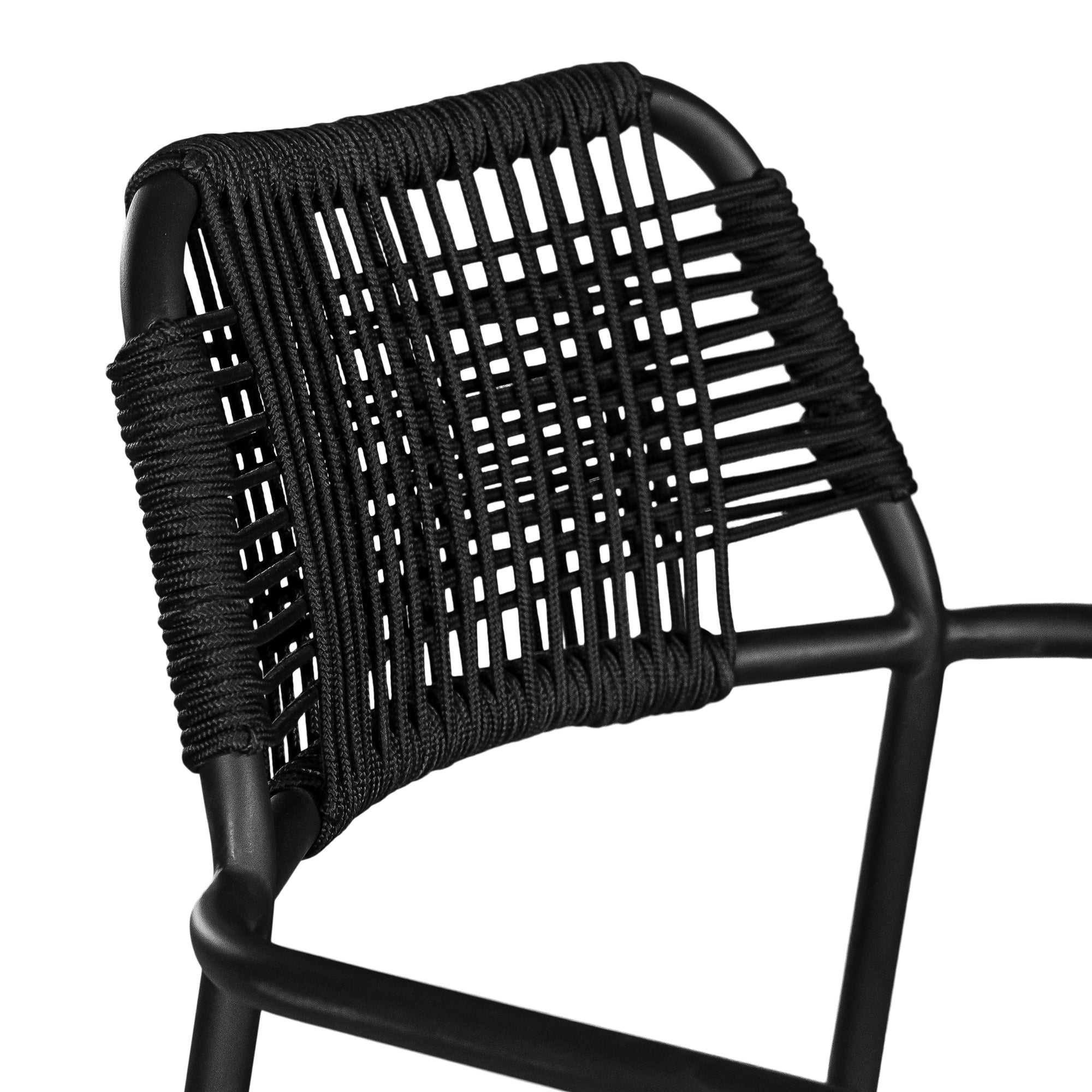 Modern outdoor dining chair featuring a black metal frame with a handwoven black rope seat and backrest, designed for sleek and contemporary alfresco dining