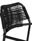 Modern outdoor dining chair featuring a black metal frame with a handwoven black rope seat and backrest, designed for sleek and contemporary alfresco dining