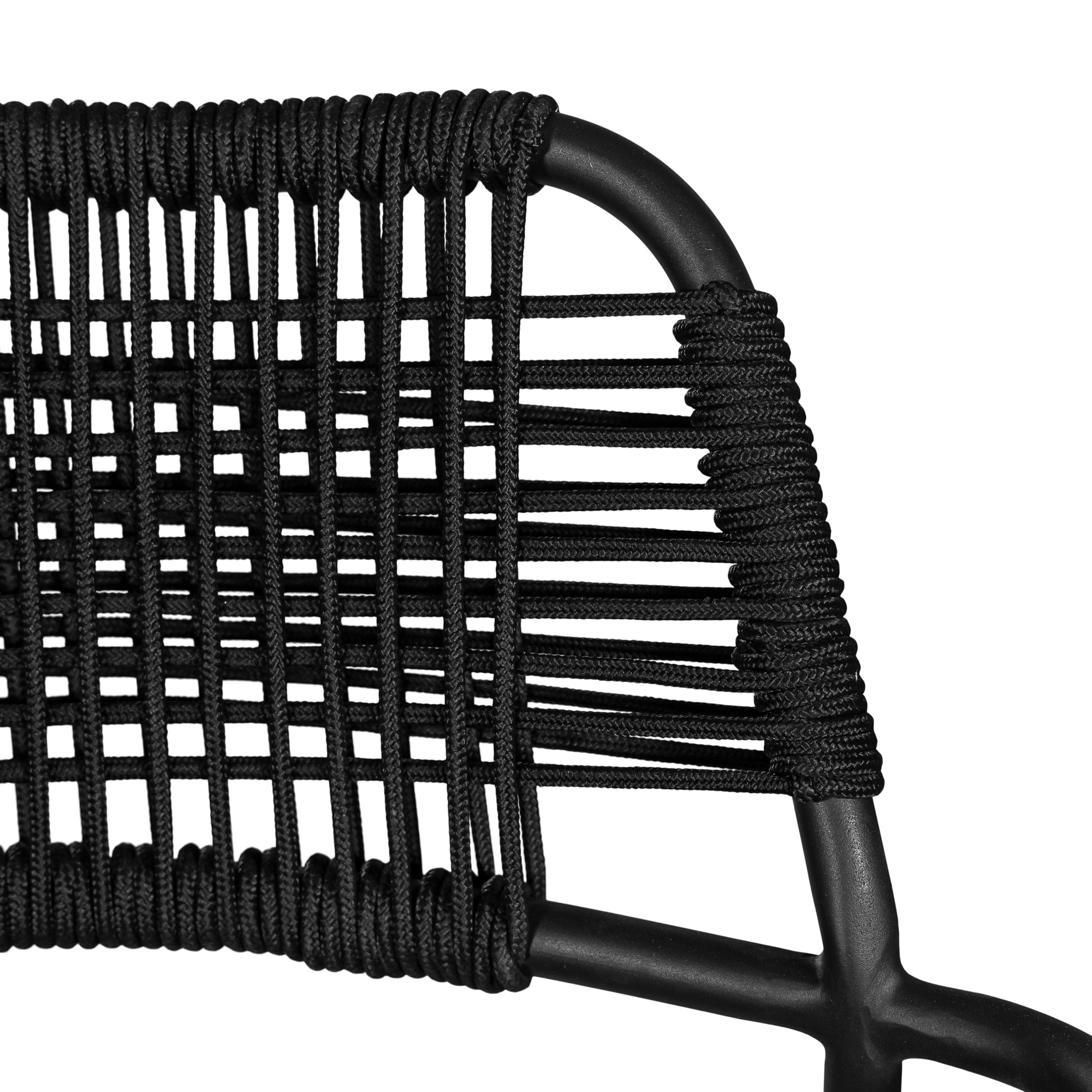 Modern outdoor dining chair featuring a black metal frame with a handwoven black rope seat and backrest, designed for sleek and contemporary alfresco dining