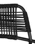 Modern outdoor dining chair featuring a black metal frame with a handwoven black rope seat and backrest, designed for sleek and contemporary alfresco dining