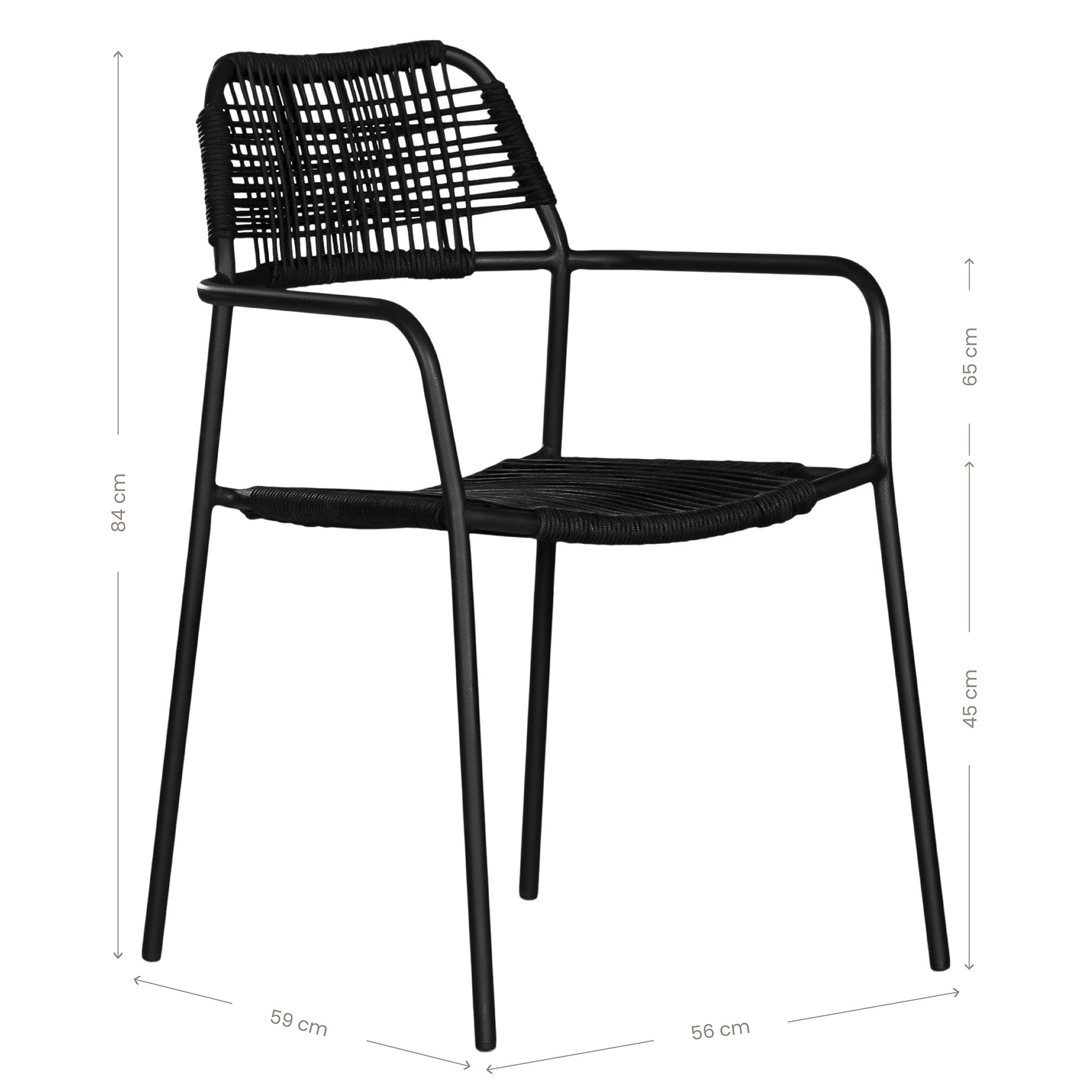 Modern outdoor dining chair featuring a black metal frame with a handwoven black rope seat and backrest, designed for sleek and contemporary alfresco dining