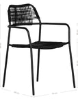 Modern outdoor dining chair featuring a black metal frame with a handwoven black rope seat and backrest, designed for sleek and contemporary alfresco dining