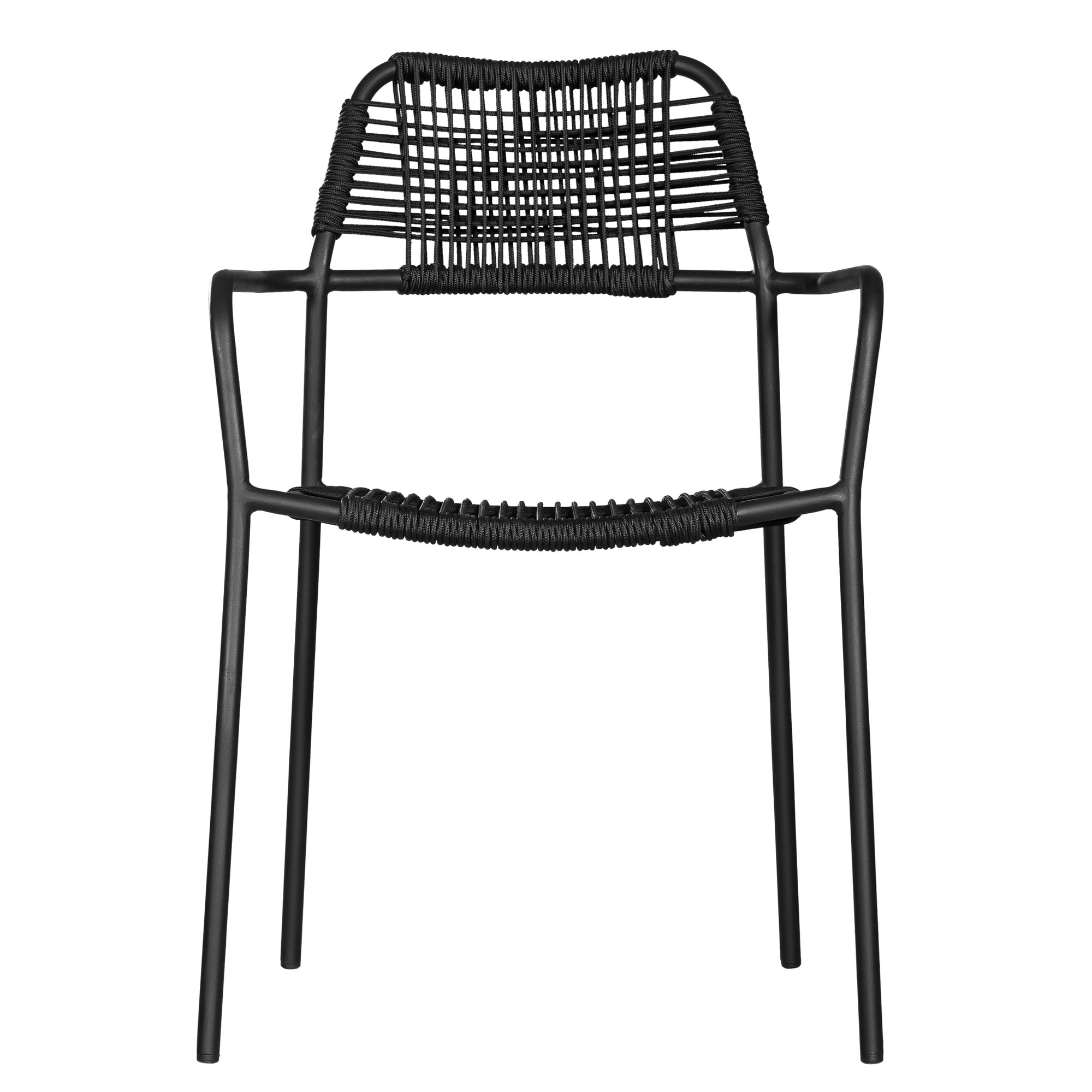 Modern outdoor dining chair featuring a black metal frame with a handwoven black rope seat and backrest, designed for sleek and contemporary alfresco dining