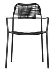 Modern outdoor dining chair featuring a black metal frame with a handwoven black rope seat and backrest, designed for sleek and contemporary alfresco dining