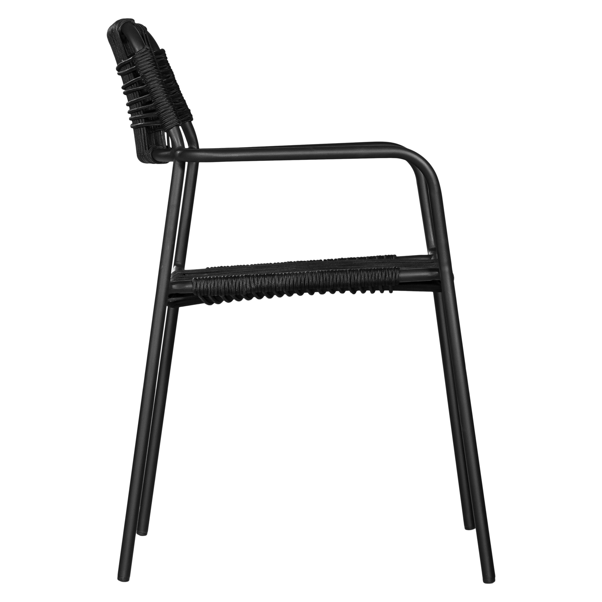 Modern outdoor dining chair featuring a black metal frame with a handwoven black rope seat and backrest, designed for sleek and contemporary alfresco dining