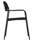 Modern outdoor dining chair featuring a black metal frame with a handwoven black rope seat and backrest, designed for sleek and contemporary alfresco dining