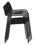 Modern outdoor dining chair featuring a black metal frame with a handwoven black rope seat and backrest, designed for sleek and contemporary alfresco dining