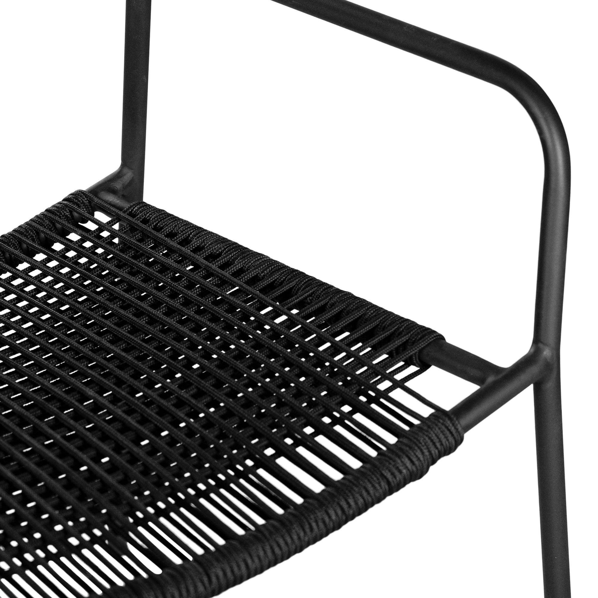 Modern outdoor dining chair featuring a black metal frame with a handwoven black rope seat and backrest, designed for sleek and contemporary alfresco dining