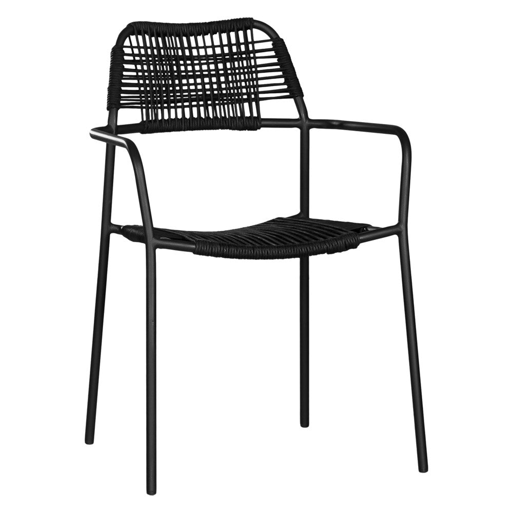 Modern outdoor dining chair featuring a black metal frame with a handwoven black rope seat and backrest, designed for sleek and contemporary alfresco dining