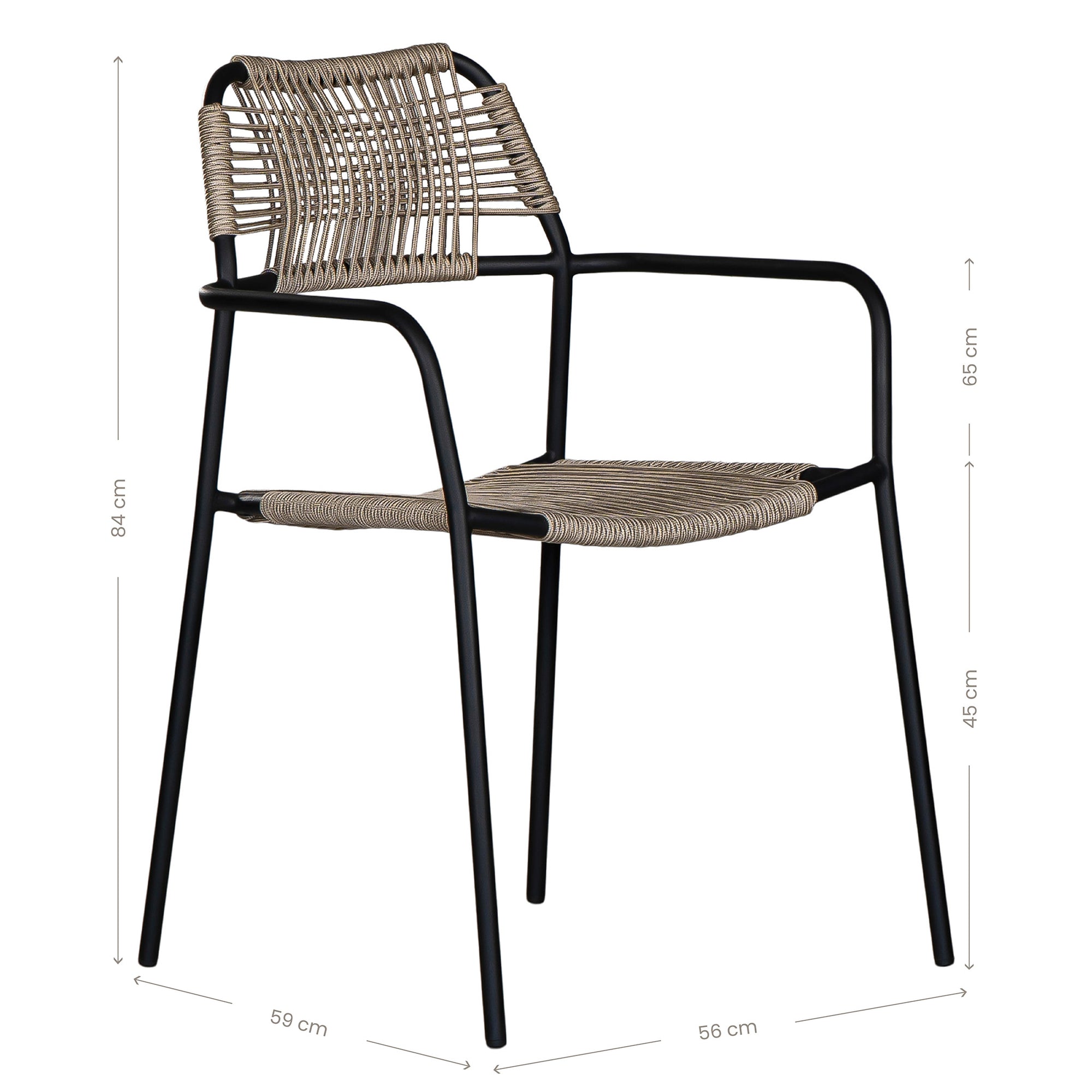 Stylish outdoor dining chair with a sleek black metal frame and handwoven rope seat and backrest in a natural tone, perfect for contemporary alfresco dining