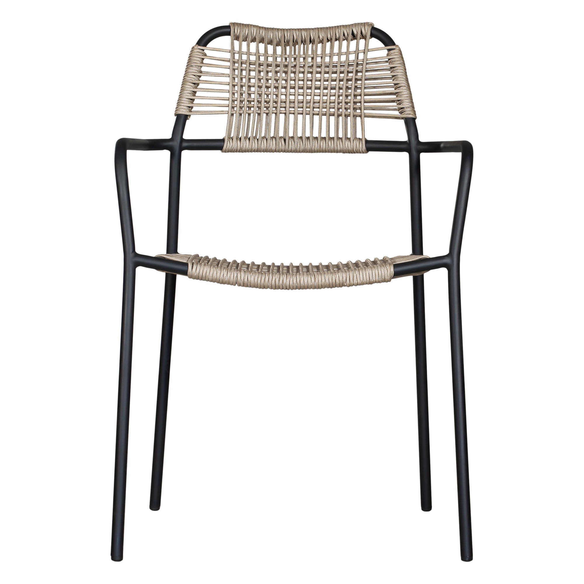 Stylish outdoor dining chair with a sleek black metal frame and handwoven rope seat and backrest in a natural tone, perfect for contemporary alfresco dining