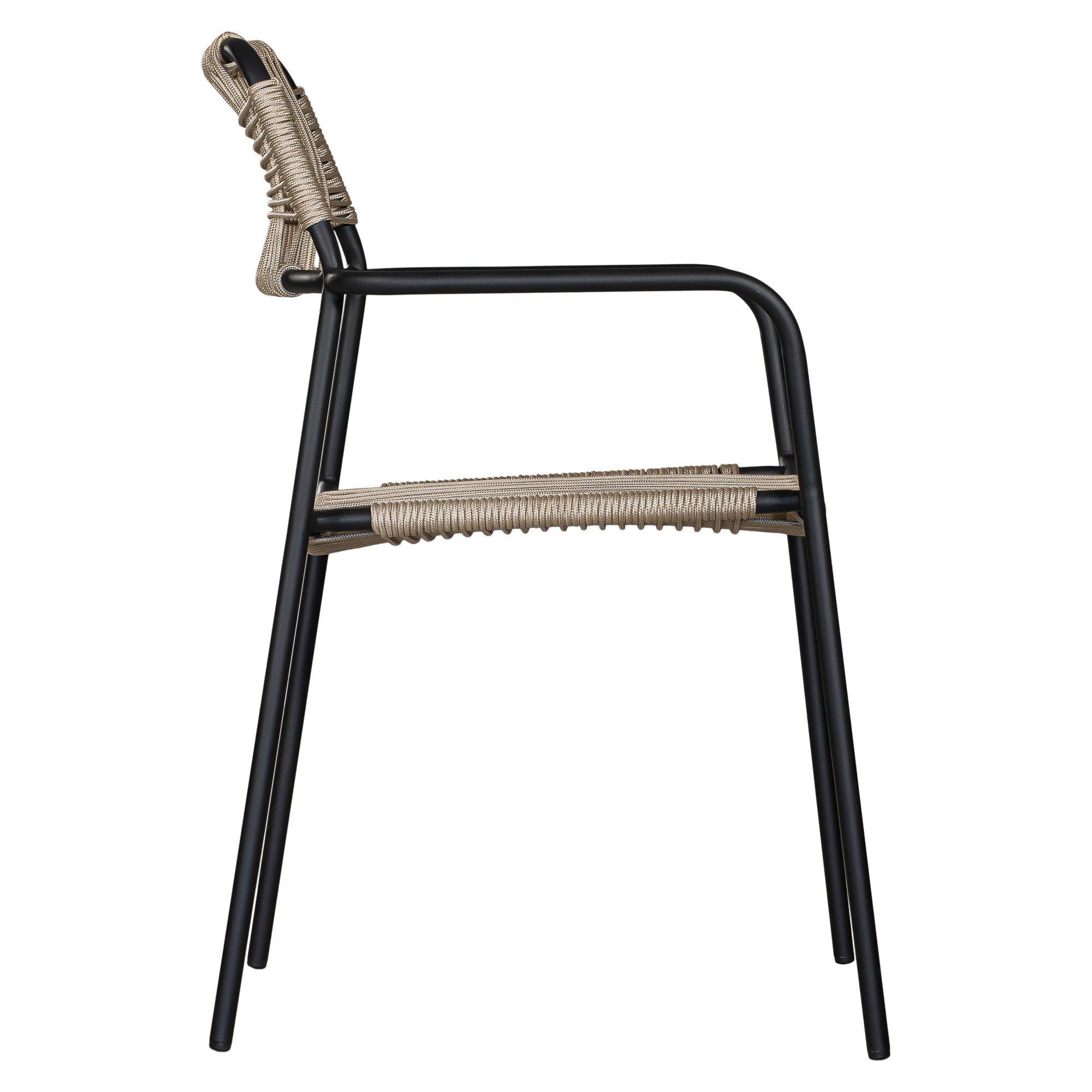 Stylish outdoor dining chair with a sleek black metal frame and handwoven rope seat and backrest in a natural tone, perfect for contemporary alfresco dining