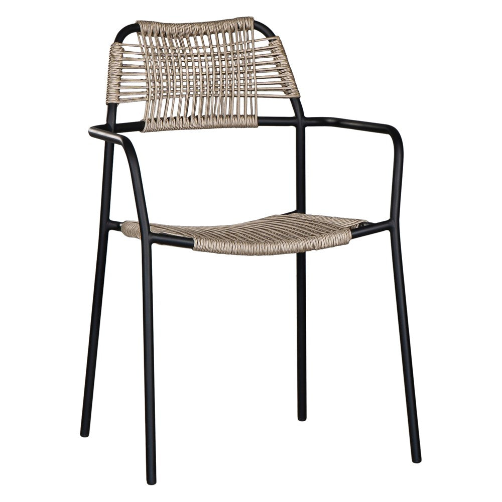 Modern outdoor dining chair featuring a black metal frame with a handwoven beige rope seat and backrest, designed for sleek and contemporary alfresco dining