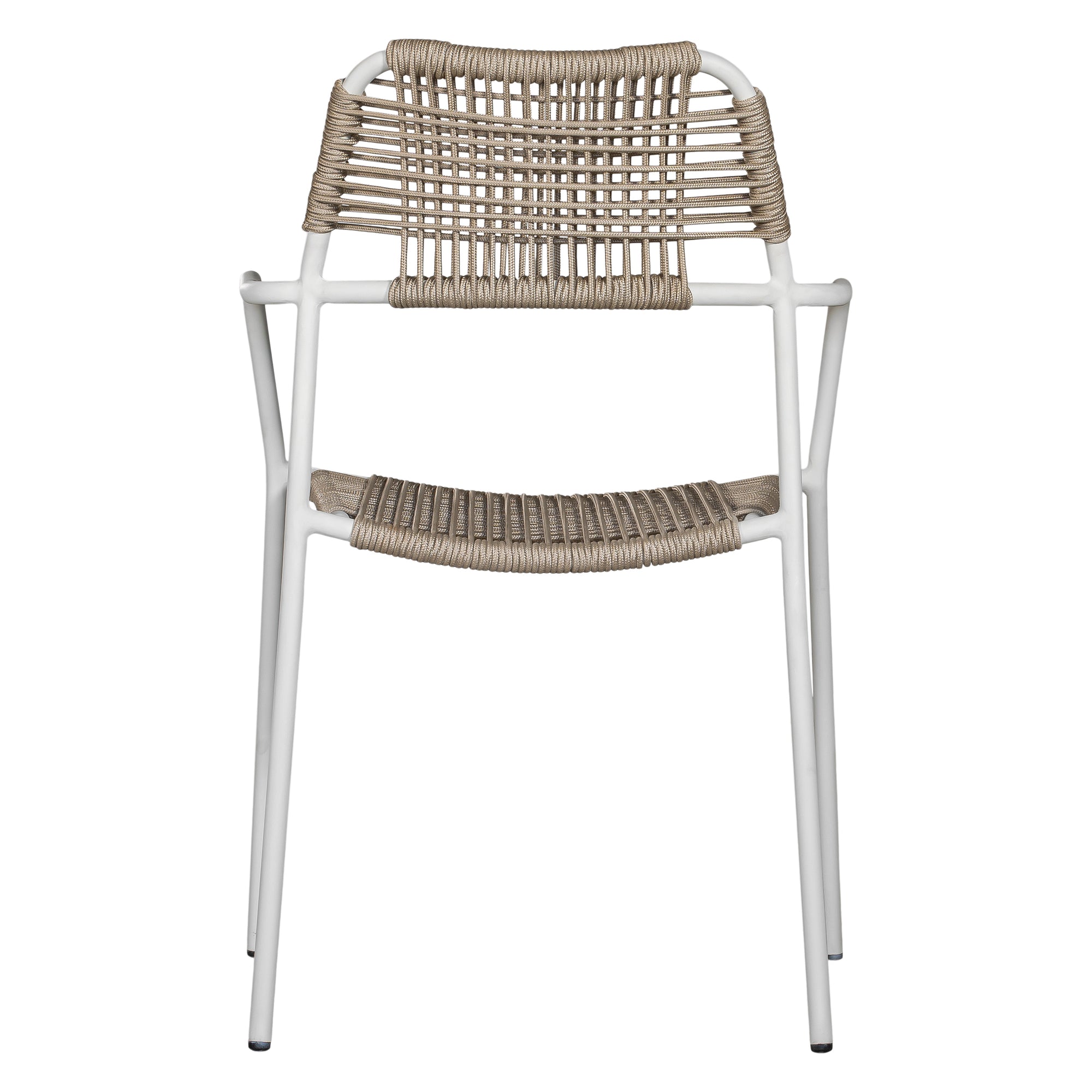 Contemporary outdoor dining chair featuring a sturdy white metal frame with a handwoven rope seat and backrest in a natural tone