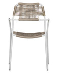 Contemporary outdoor dining chair featuring a sturdy white metal frame with a handwoven rope seat and backrest in a natural tone