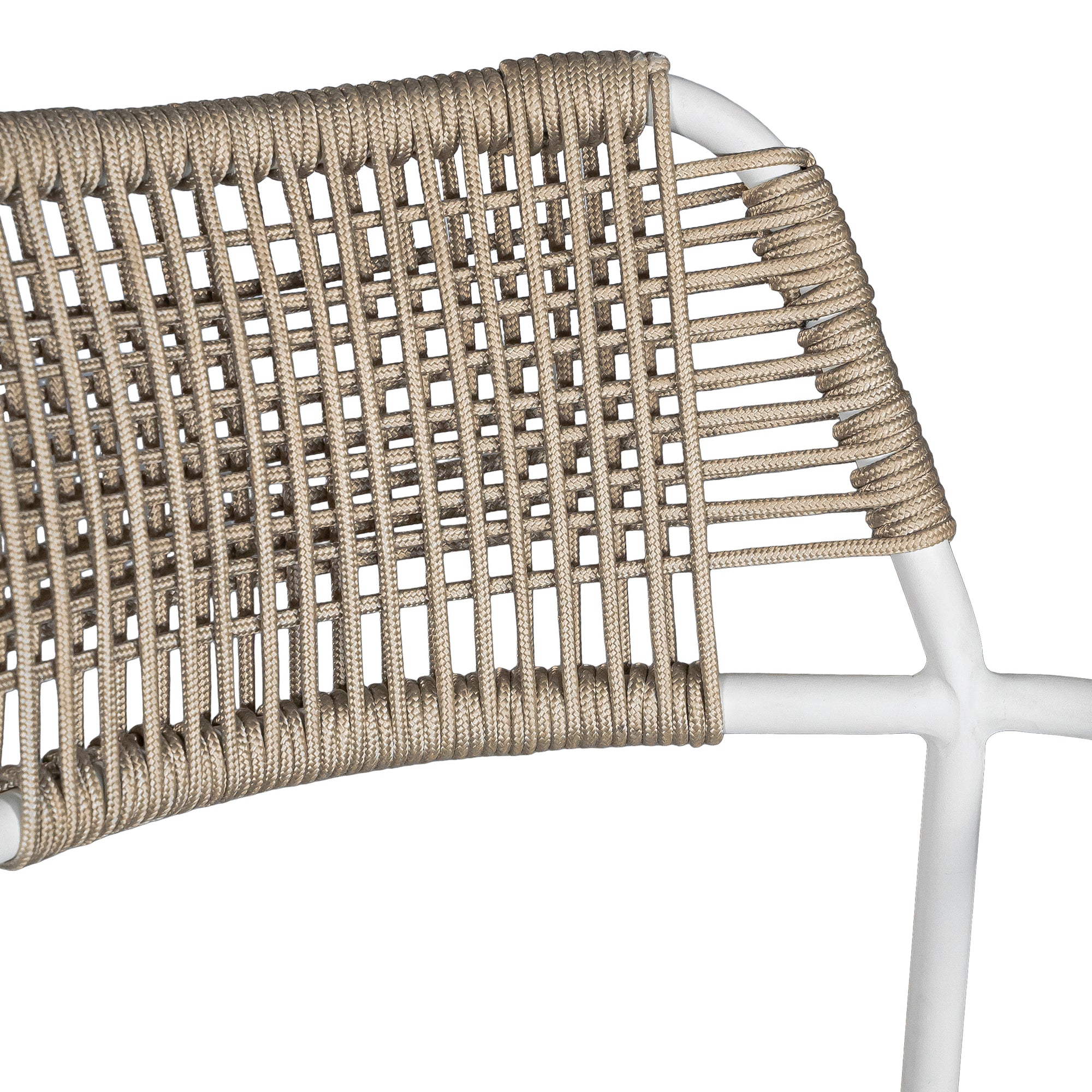 Contemporary outdoor dining chair featuring a sturdy white metal frame with a handwoven rope seat and backrest in a natural tone