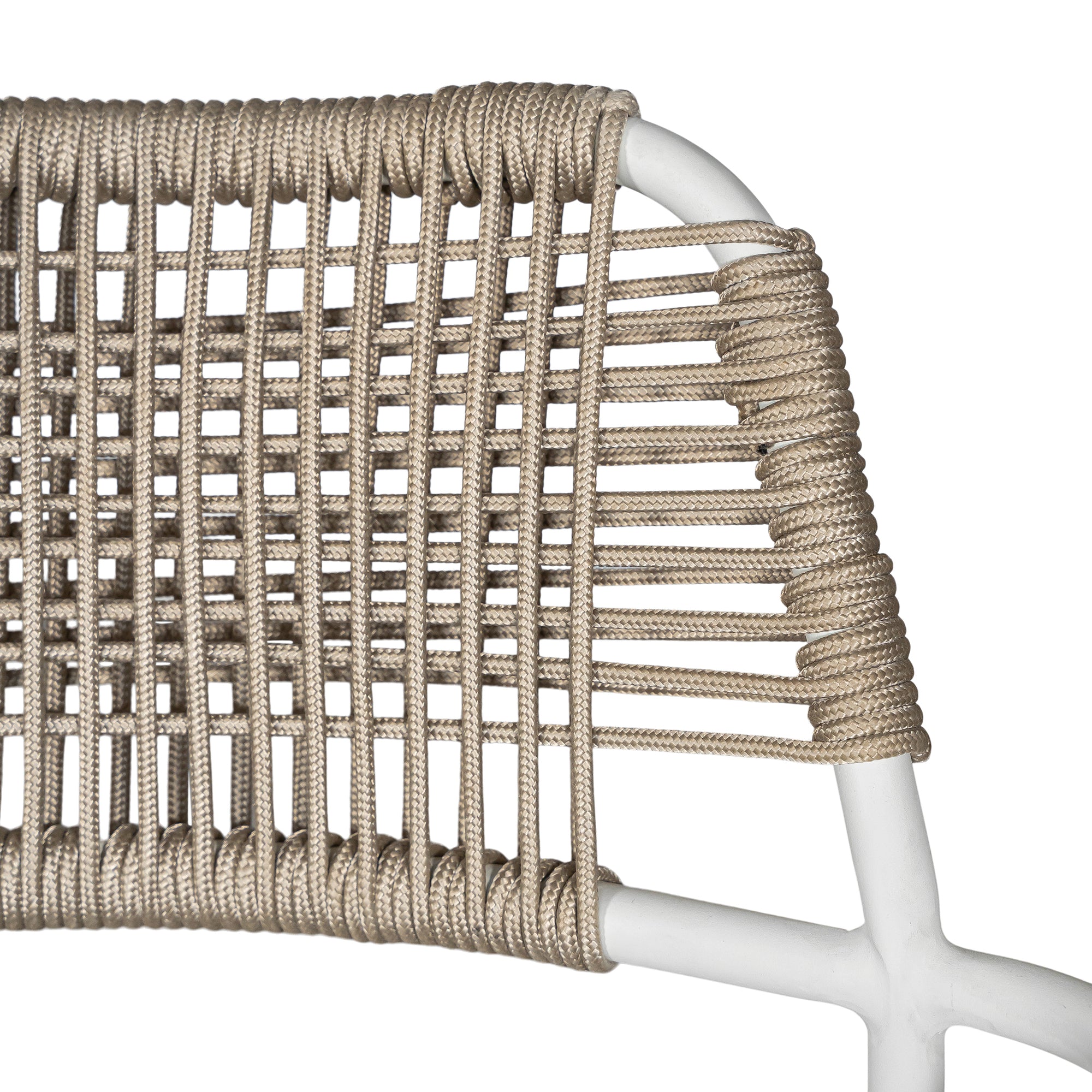 Contemporary outdoor dining chair featuring a sturdy white metal frame with a handwoven rope seat and backrest in a natural tone