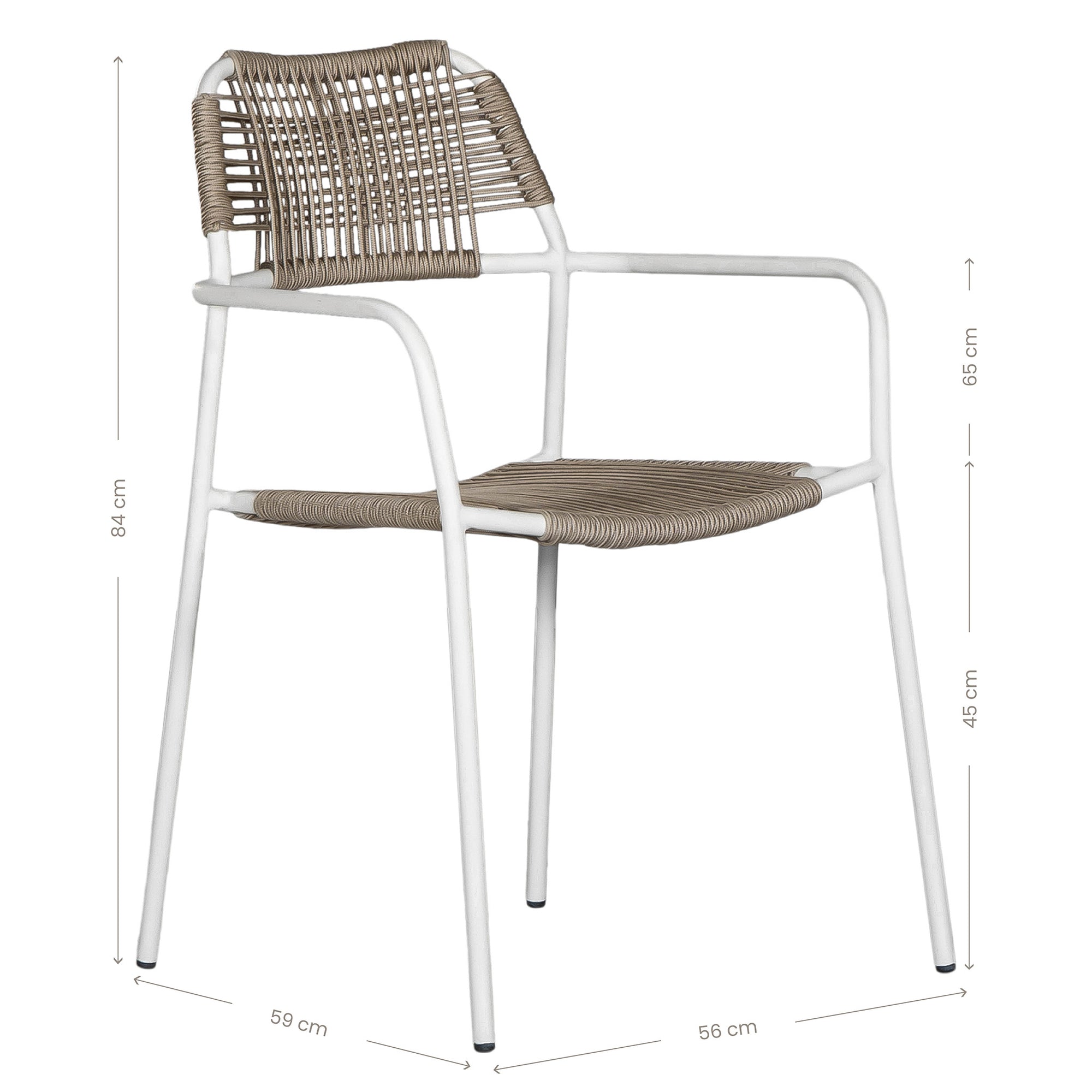 Contemporary outdoor dining chair featuring a sturdy white metal frame with a handwoven rope seat and backrest in a natural tone