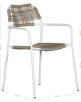 Contemporary outdoor dining chair featuring a sturdy white metal frame with a handwoven rope seat and backrest in a natural tone