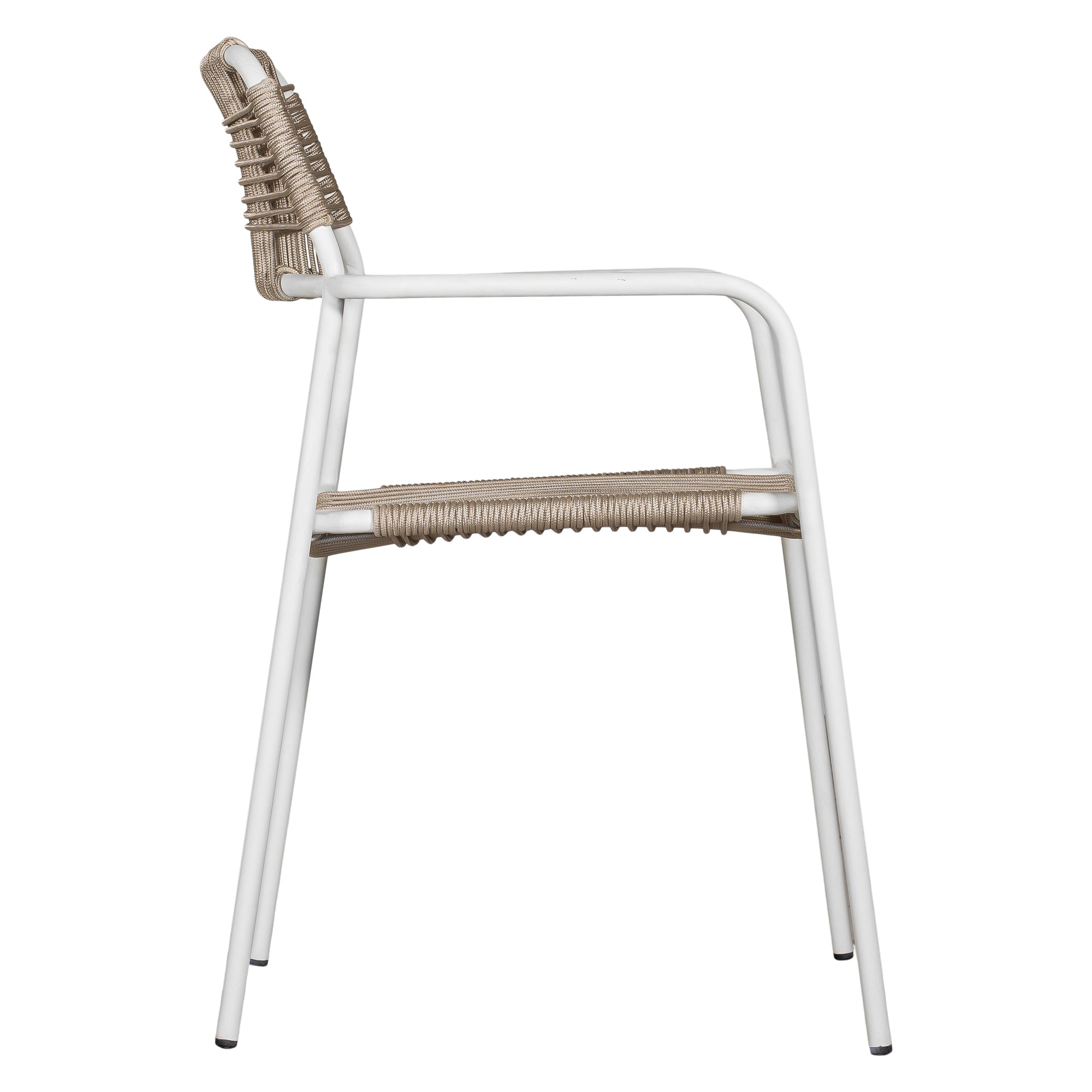 Contemporary outdoor dining chair featuring a sturdy white metal frame with a handwoven rope seat and backrest in a natural tone