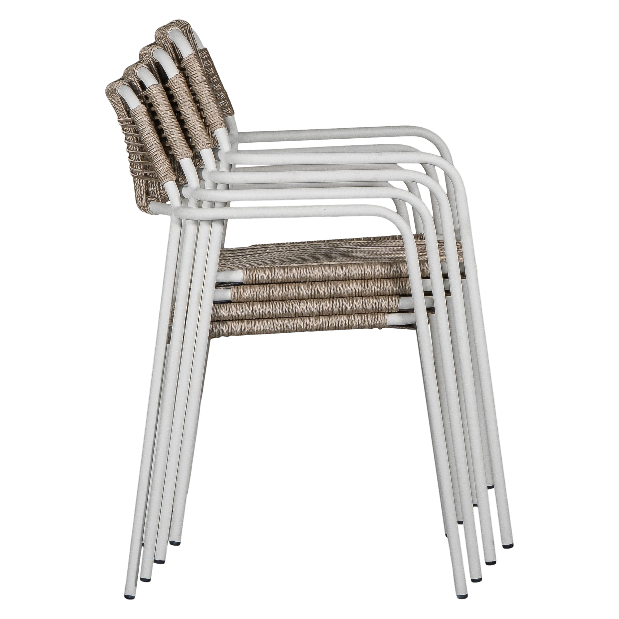 Contemporary outdoor dining chair featuring a sturdy white metal frame with a handwoven rope seat and backrest in a natural tone