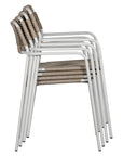 Contemporary outdoor dining chair featuring a sturdy white metal frame with a handwoven rope seat and backrest in a natural tone