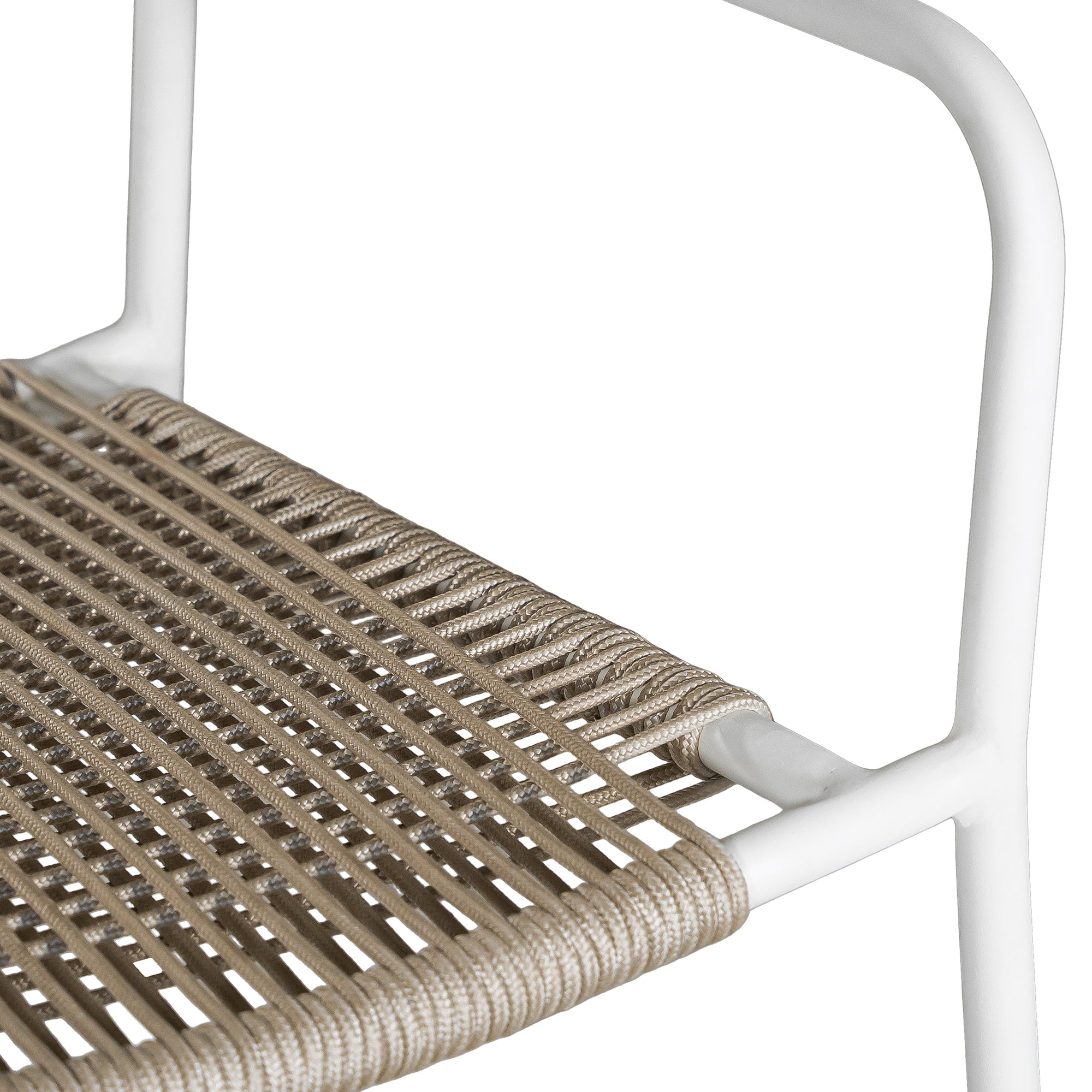 Contemporary outdoor dining chair featuring a sturdy white metal frame with a handwoven rope seat and backrest in a natural tone